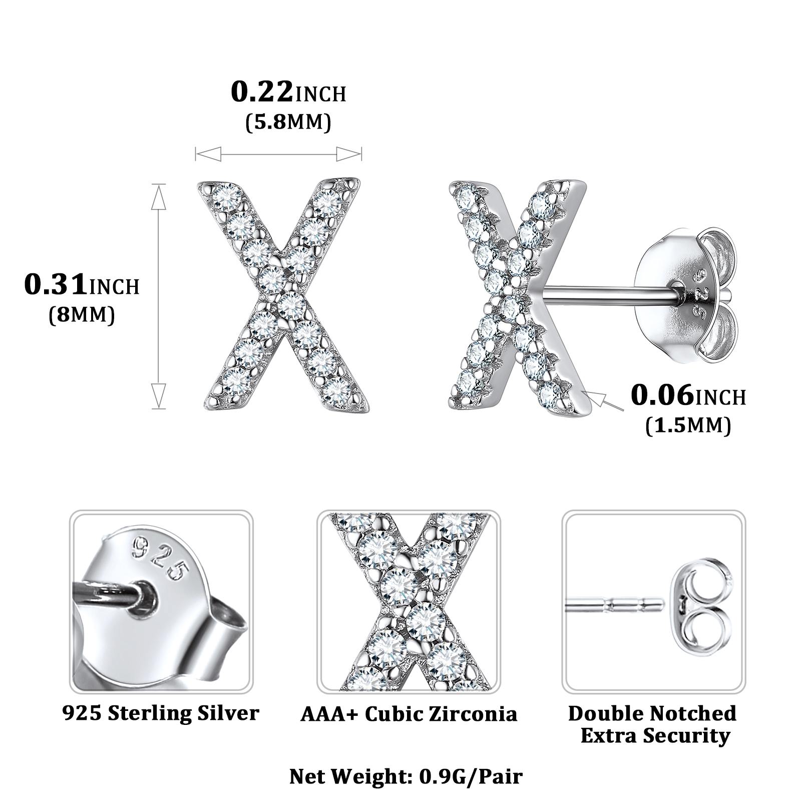 Sterling Silver ChicSilver Cubic Zirconia X Initial Stud Earrings Details: Dimensions, Hypoallergenic, Push Back Finding