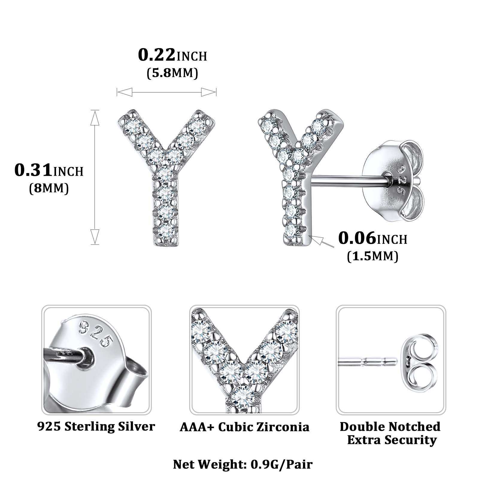 Sterling Silver ChicSilver Cubic Zirconia Y Initial Stud Earrings Details: Dimensions, Hypoallergenic, Push Back Finding