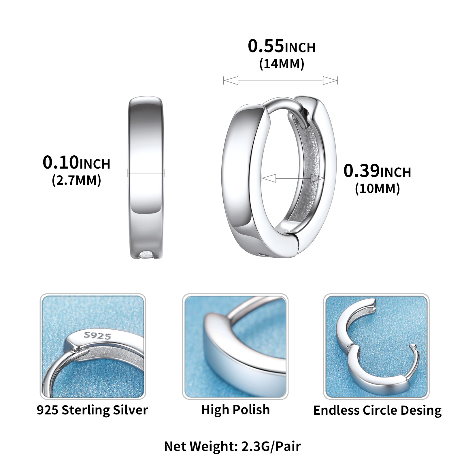 High Polish Stackable Silver Huggie Hoop Earrings Details: Dimensions, Hypoallergenic, Hinged Hoop