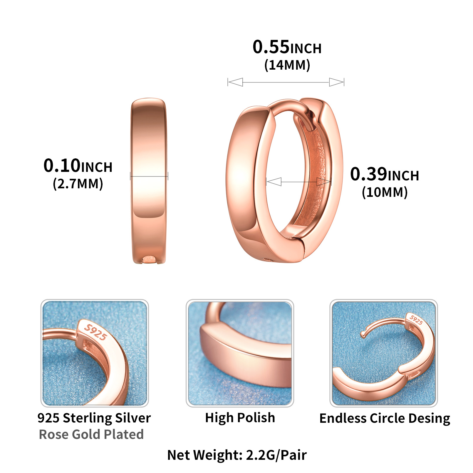 High Polish Stackable Rose Gold Huggie Hoop Earrings Details: Dimensions, Hypoallergenic, Hinged Hoop