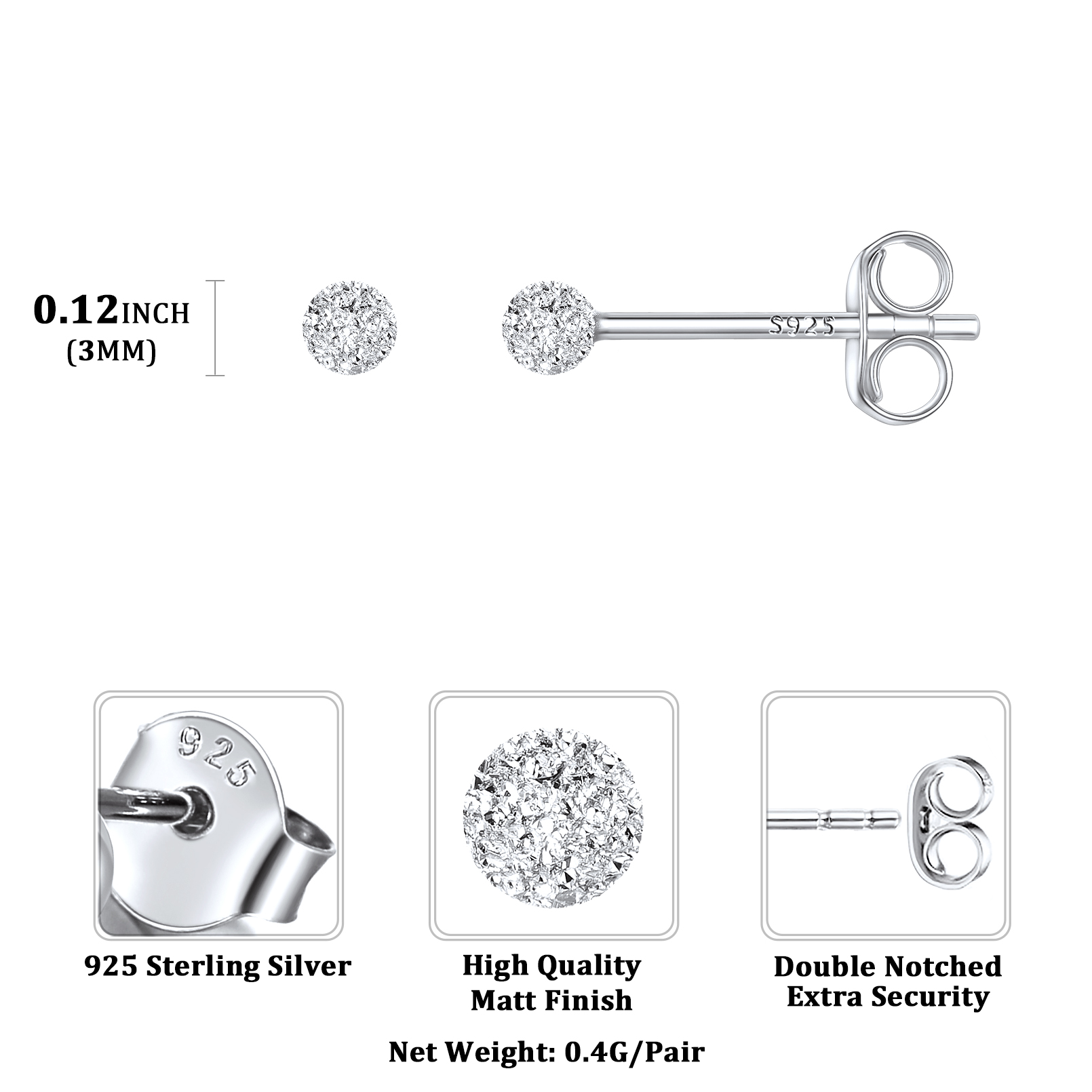 Sterling Silver 3-7mm Bead Stud Earrings for Her For Kids