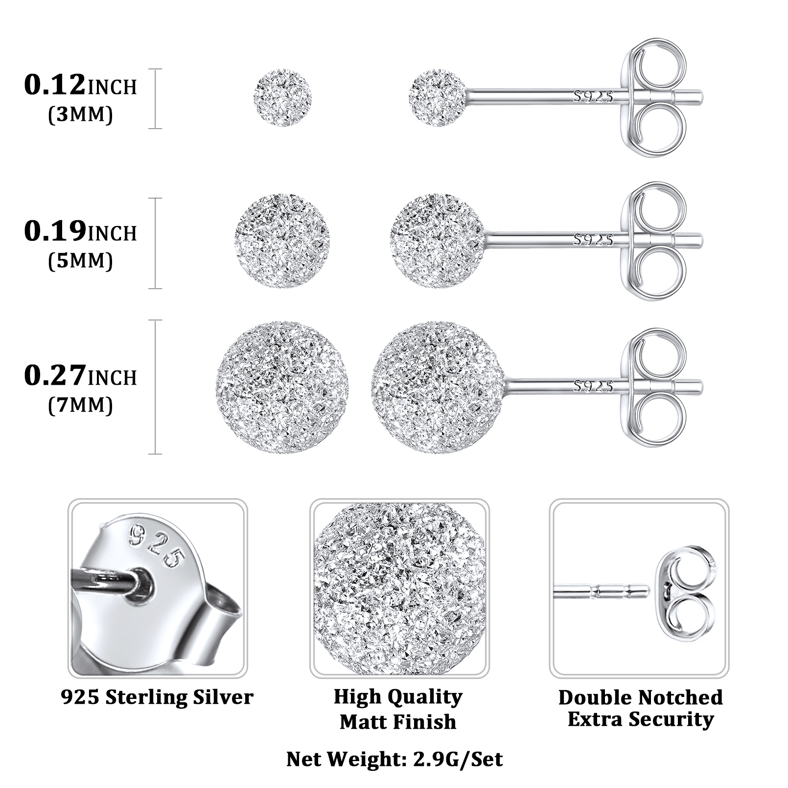 Sterling Silver 3-7mm Bead Stud Earrings for Her For Kids