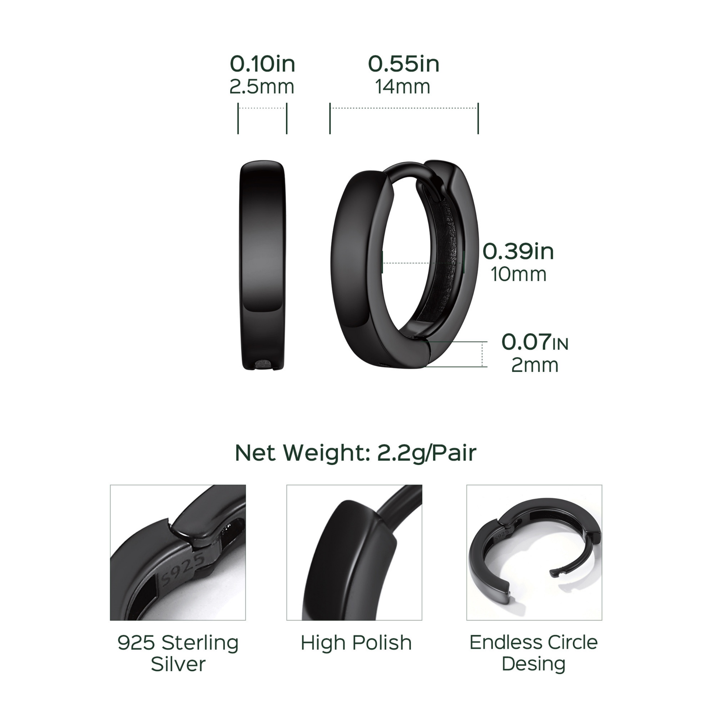 High Polish Stackable Black Huggie Hoop Earrings Details: Dimensions, Hypoallergenic, Hinged Hoop