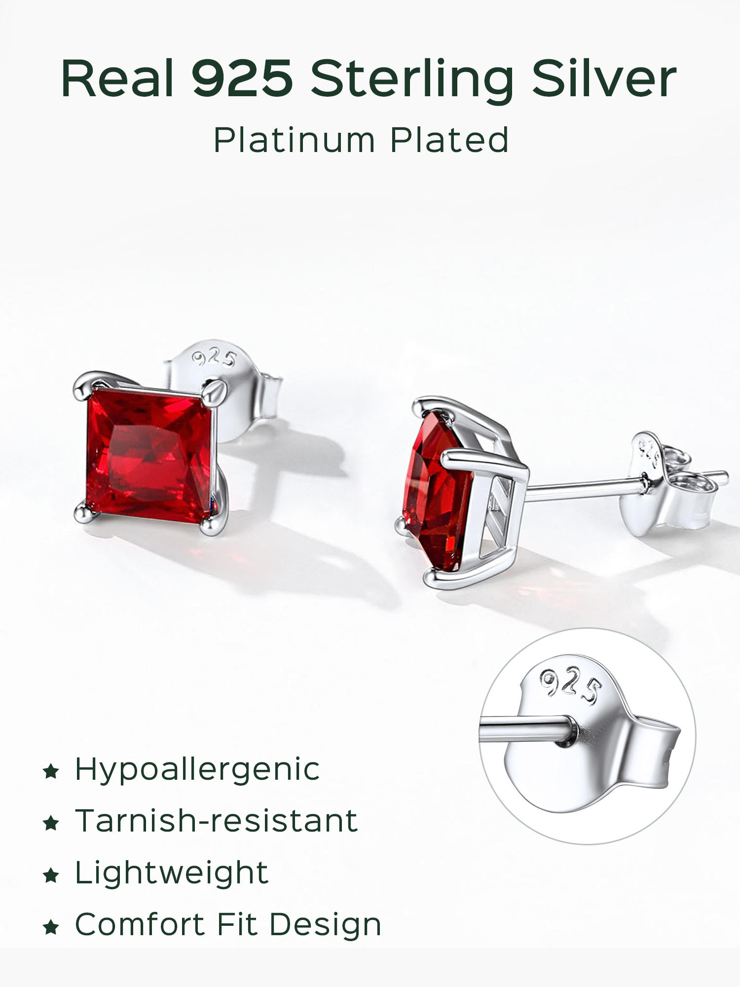 Princess Cut Birthstone Halo Stud Earrings for women, jan birthstone, Garnet Necklace, Capricorn Birthstone, Aquarius Birthstone, sterling silver jewelry, gift idea