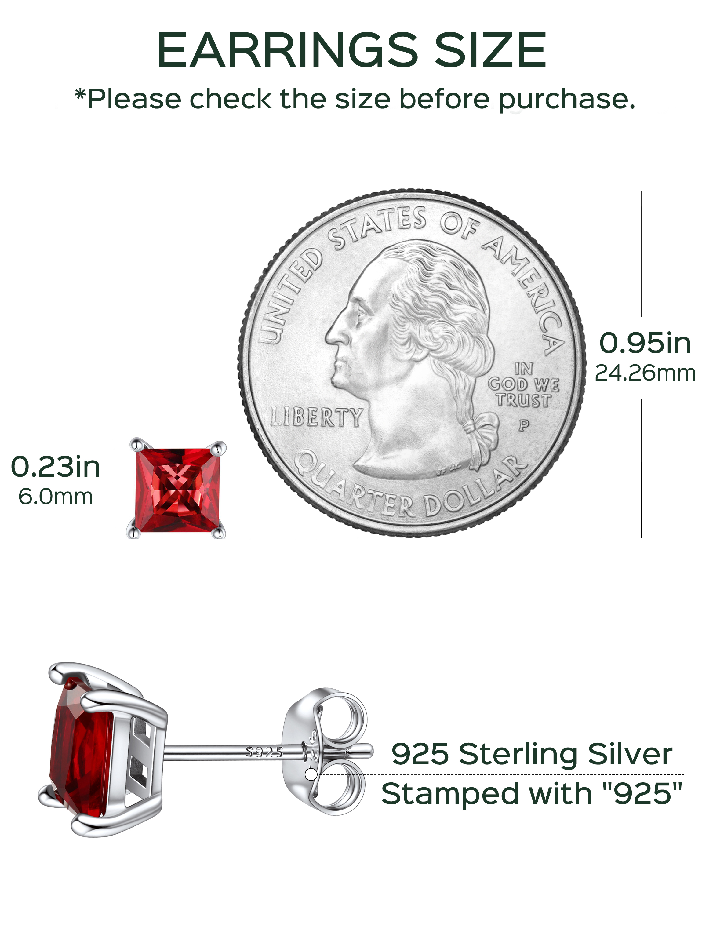 Princess Cut Birthstone Halo Stud Earrings for women, jan birthstone, Garnet Necklace, Capricorn Birthstone, Aquarius Birthstone, sterling silver jewelry, gift idea