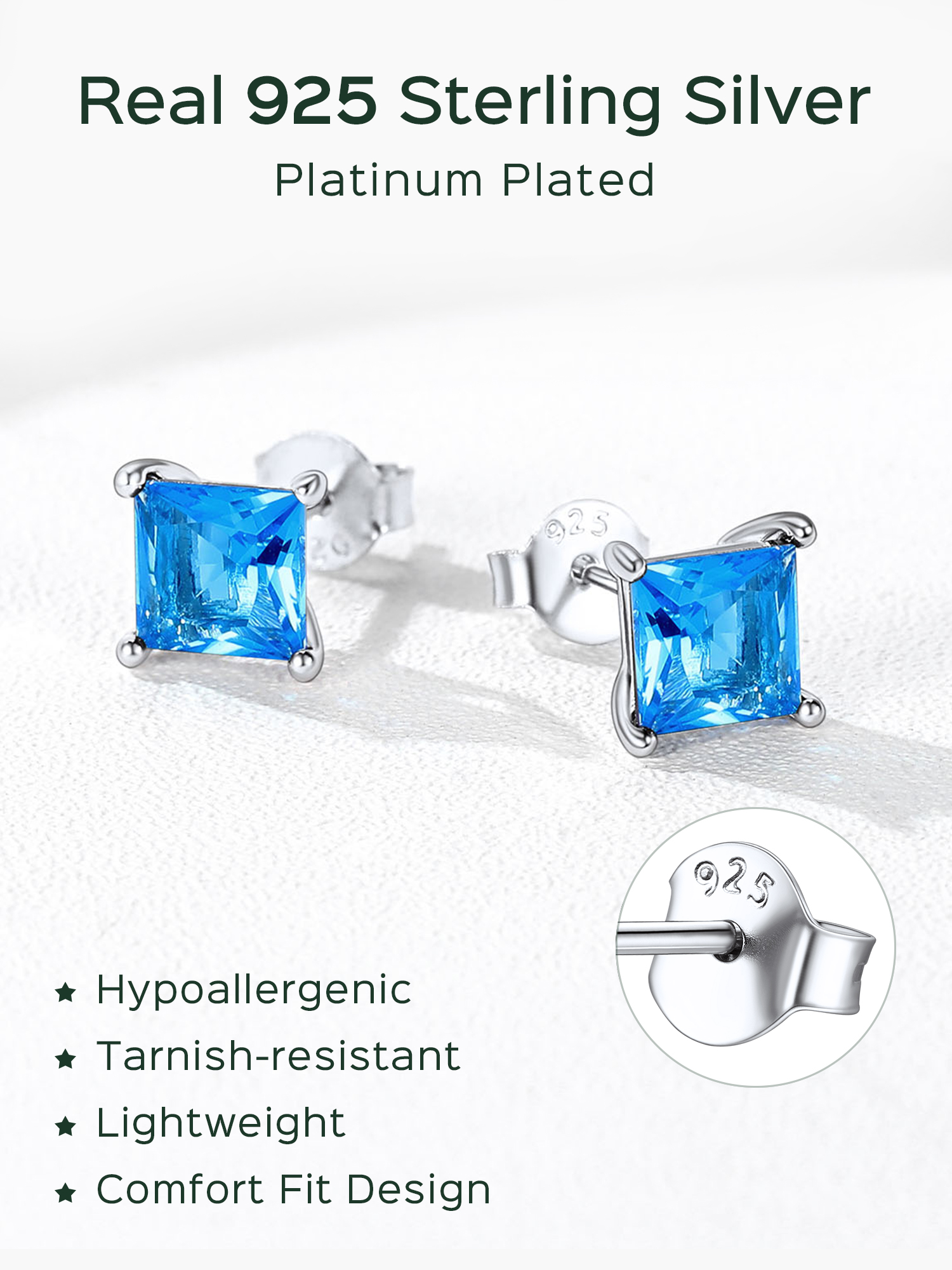 Princess Cut Birthstone Halo Stud Earrings for women, december birthstone, Blue Topaz Jewelry, Sagittarius Birthstone,  topaz birthstone, Capricorn Birthstone, christmas gift, gift idea