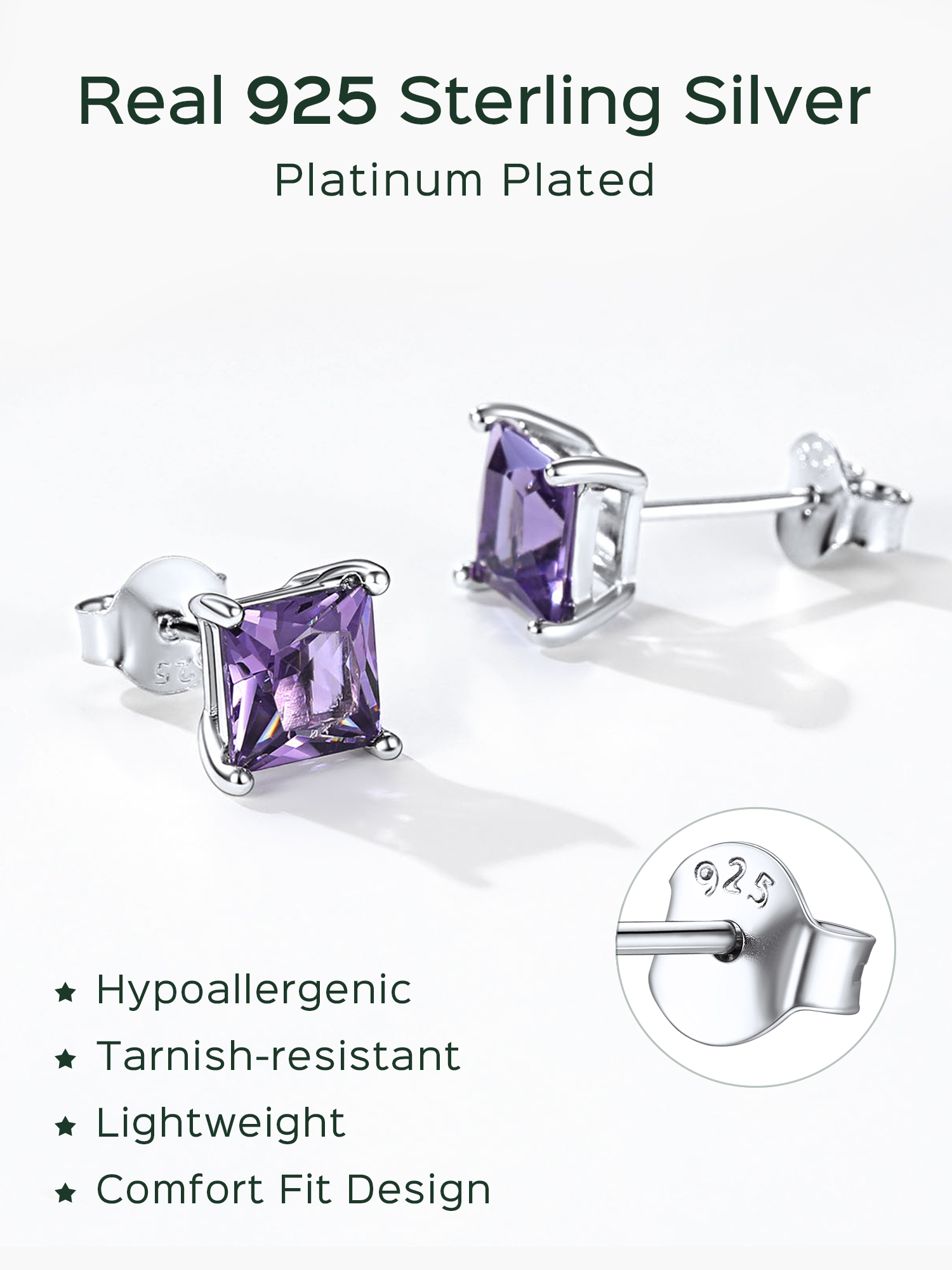 Princess Cut Birthstone Halo Stud Earrings for women, February birthstone, Amethyst Jewelry, Pisces Birthstone, Aquarius Birthstone, sterling silver Earrings, gift idea
