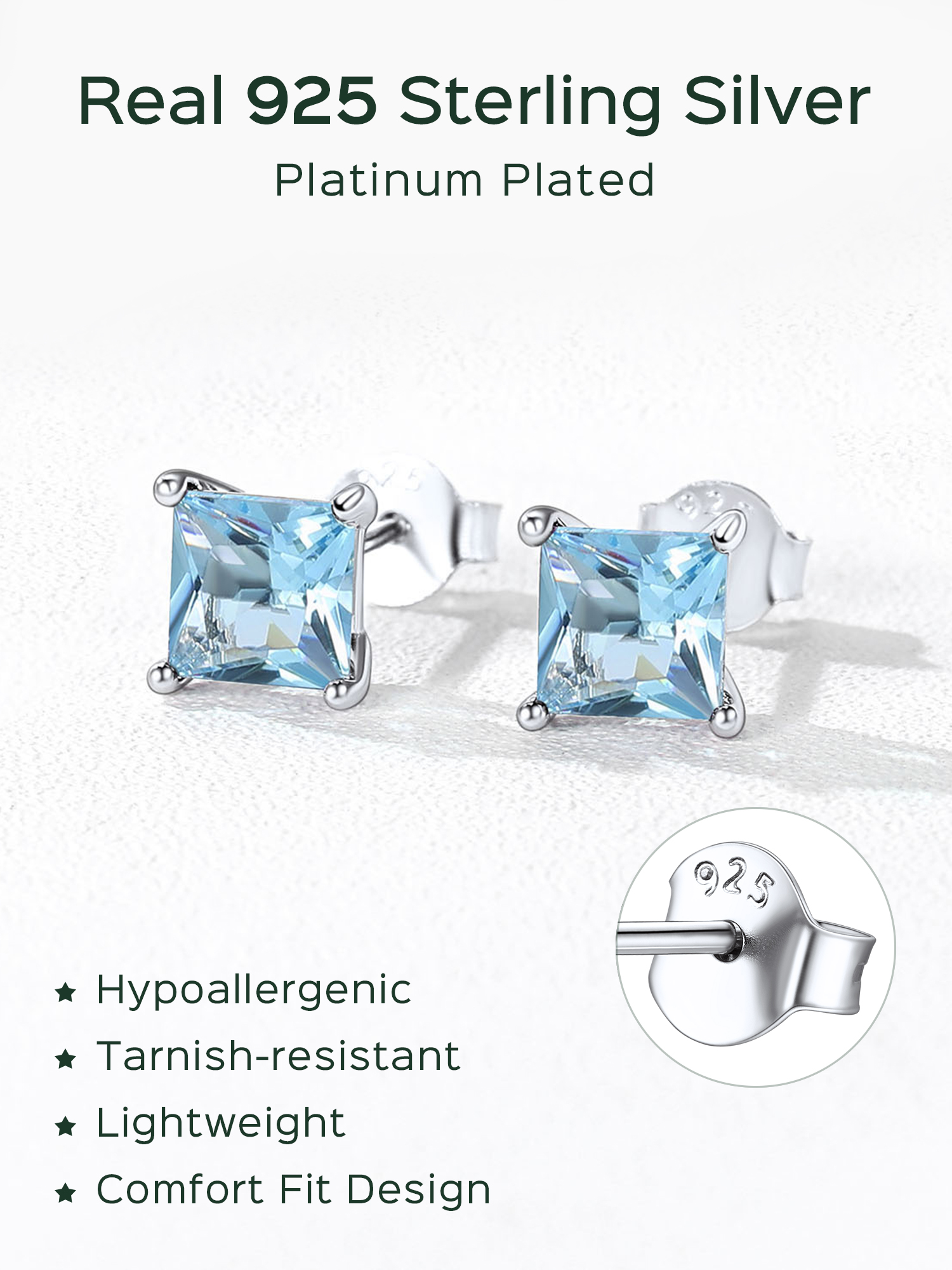 Princess Cut Birthstone Halo Stud Earrings for women, march birthstone, Aquamarine Earrings, Pisces Birthstone, Aries Birthstone, sterling silver jewelry, gift idea