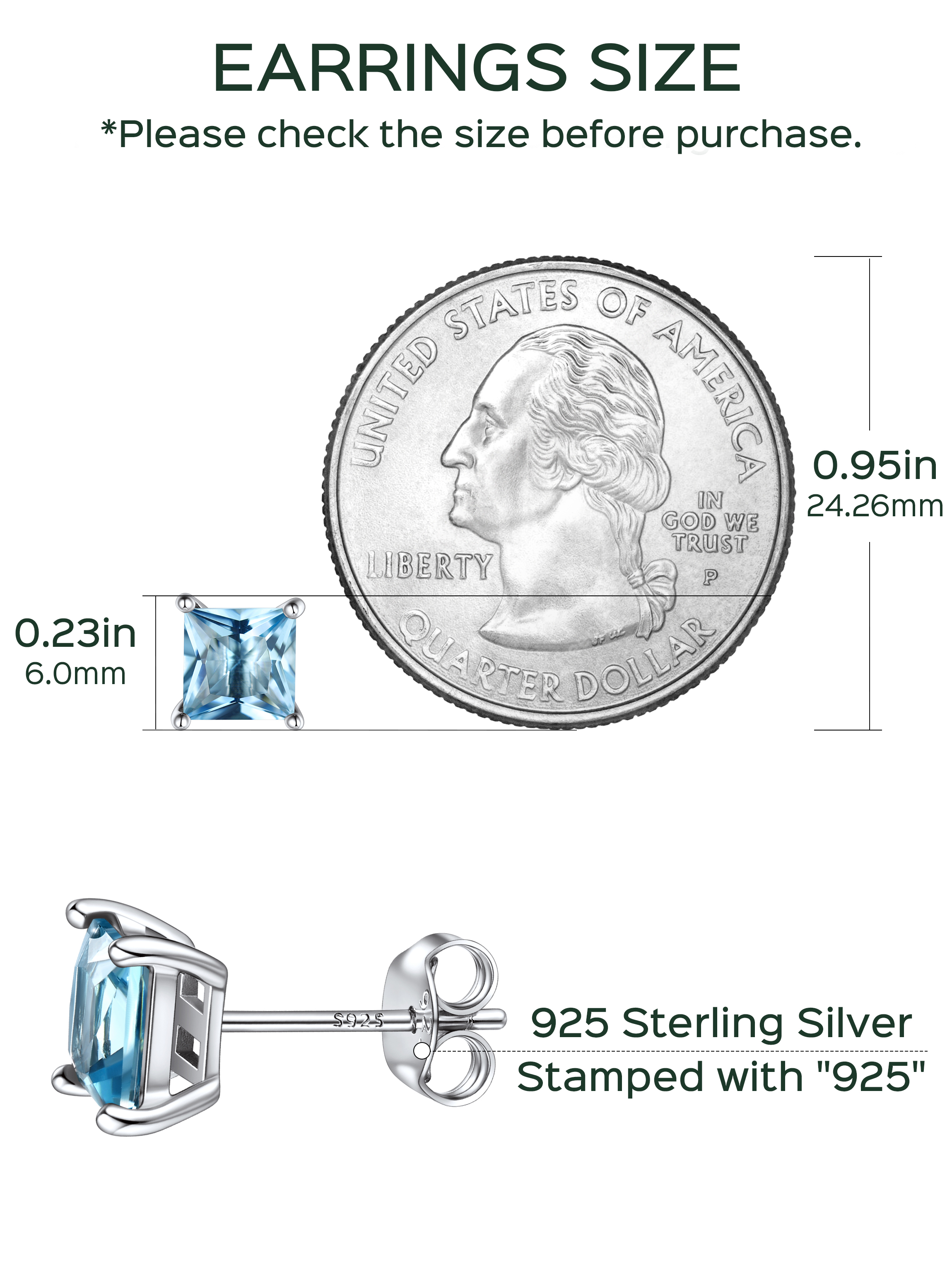 Princess Cut Birthstone Halo Stud Earrings for women, march birthstone, Aquamarine Earrings, Pisces Birthstone, Aries Birthstone, sterling silver jewelry, gift idea