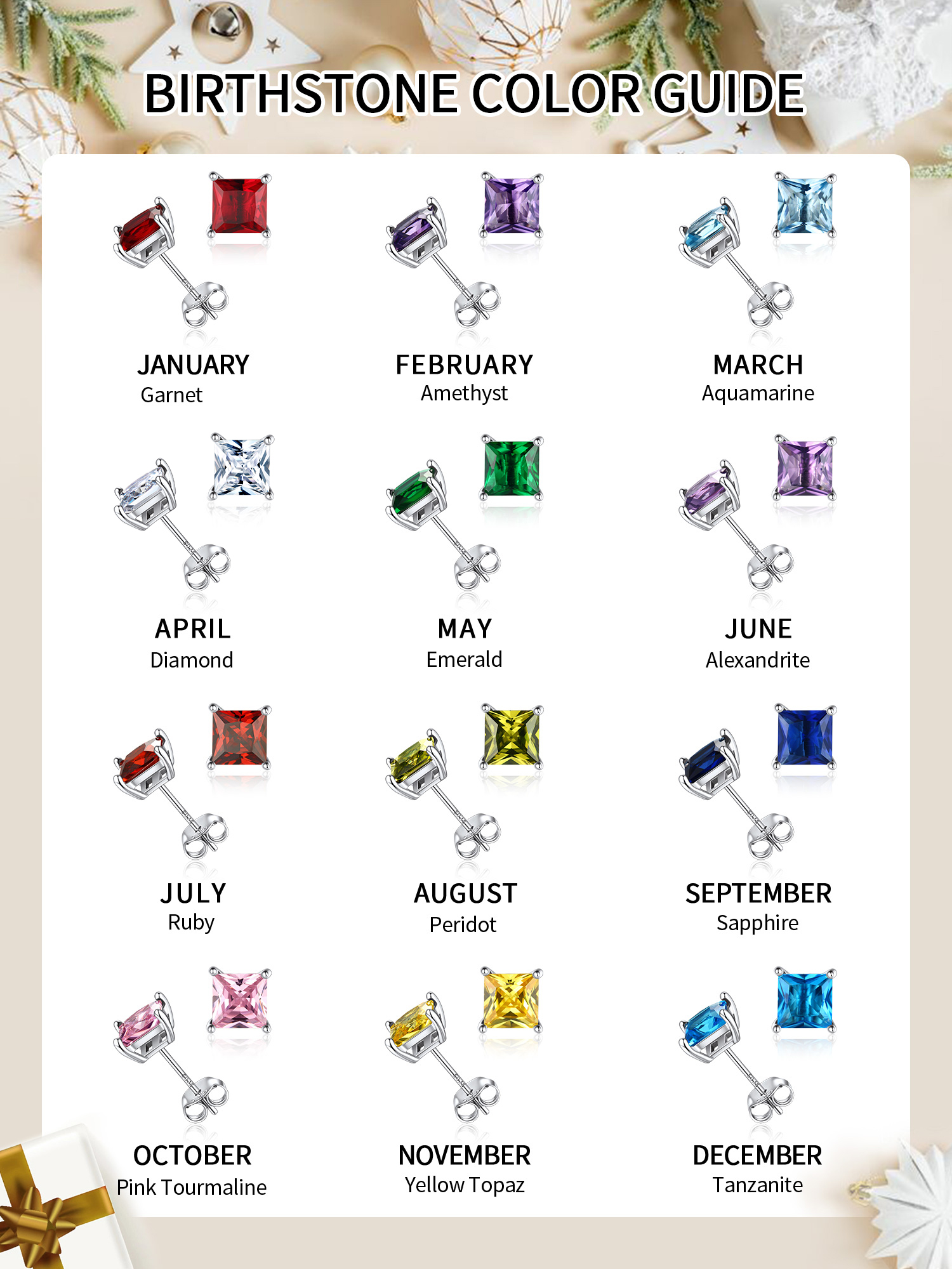 Princess Cut Birthstone Halo Stud Earrings for women, birthstone Earrings, sterling silver jewlery, gem jewelry, sterling silver jewelry, gift idea