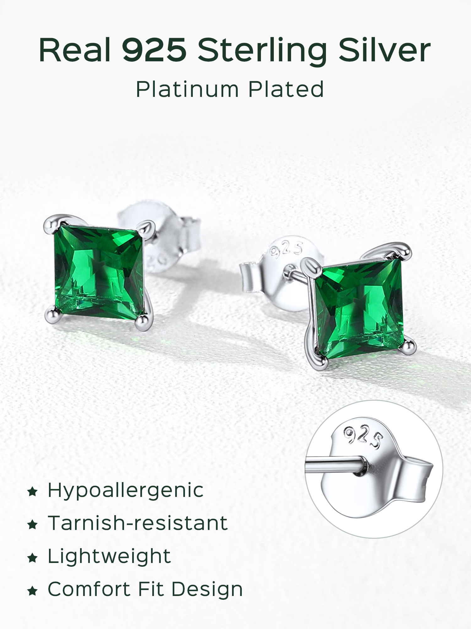 Princess Cut Birthstone Halo Stud Earrings for women, may birthstone, Emerald Earrings, Taurus Birthstone, Gemini Birthstone, sterling silver earrings, gift idea