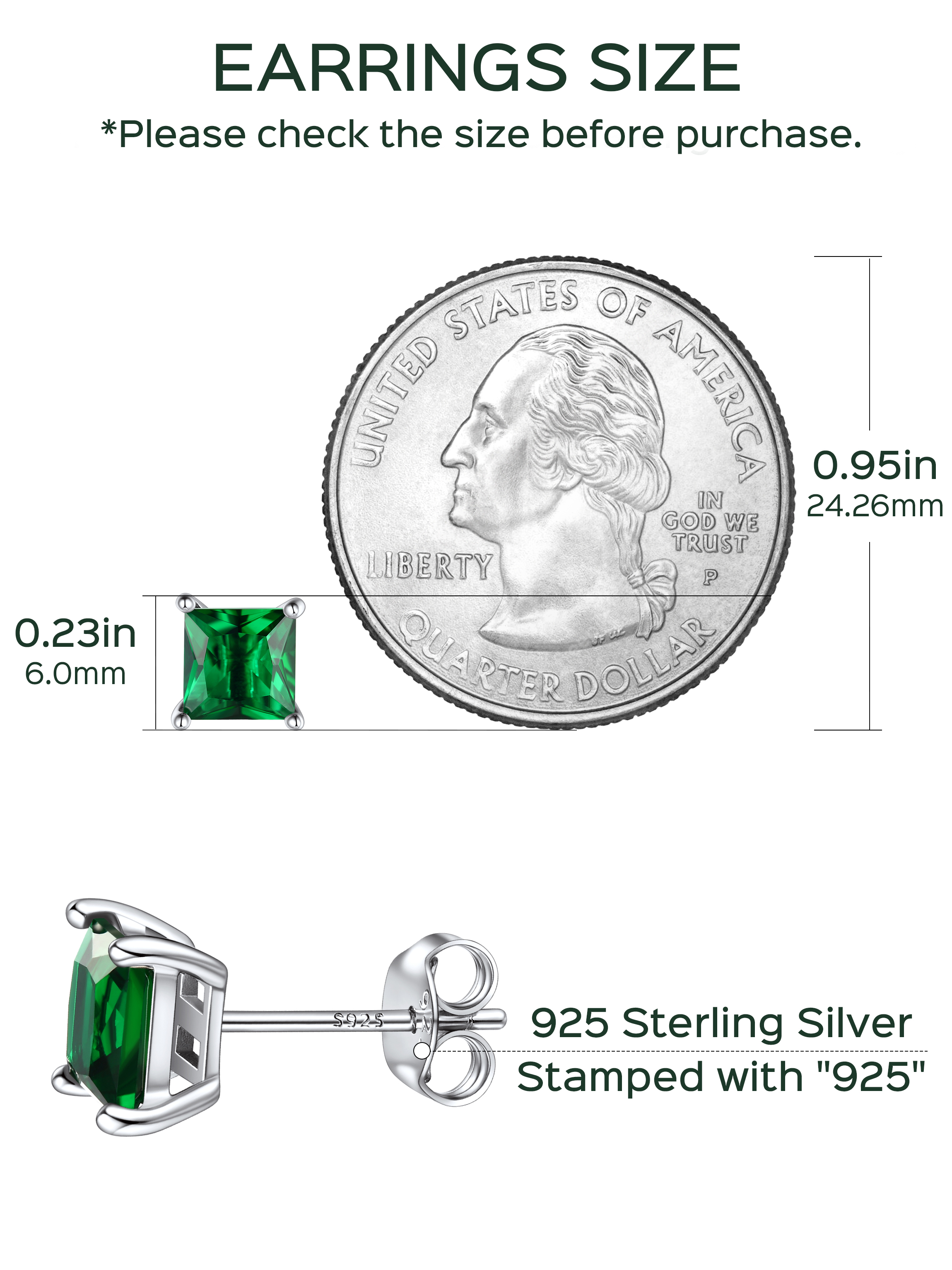 Princess Cut Birthstone Halo Stud Earrings for women, may birthstone, Emerald Earrings, Taurus Birthstone, Gemini Birthstone, sterling silver earrings, gift idea