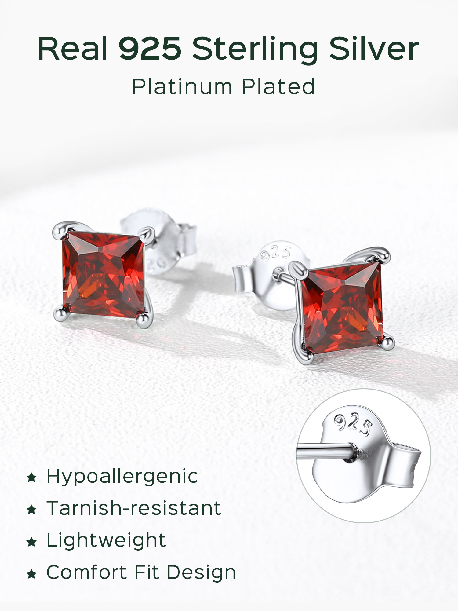 Princess Cut Birthstone Halo Stud Earrings for women,  july birthstone, Ruby Earrings, Cancer Birthstone, Leo Birthstone, sterling silver jewelry, gift idea