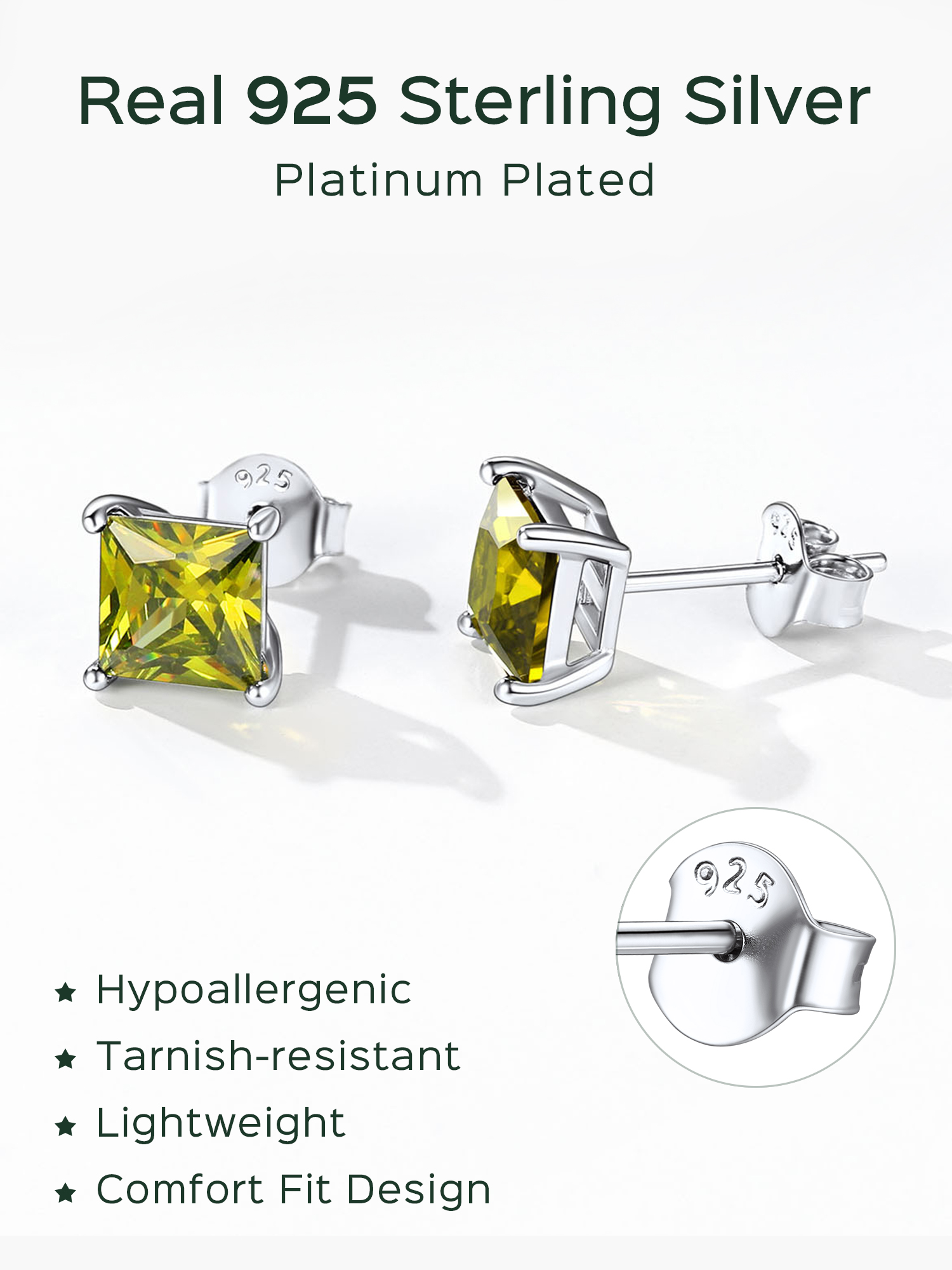 Princess Cut Birthstone Halo Stud Earrings for women, august birthstone, Peridot Earrings, Leo Birthstone, Virgo Birthstone, sterling silver jewlery, gift idea