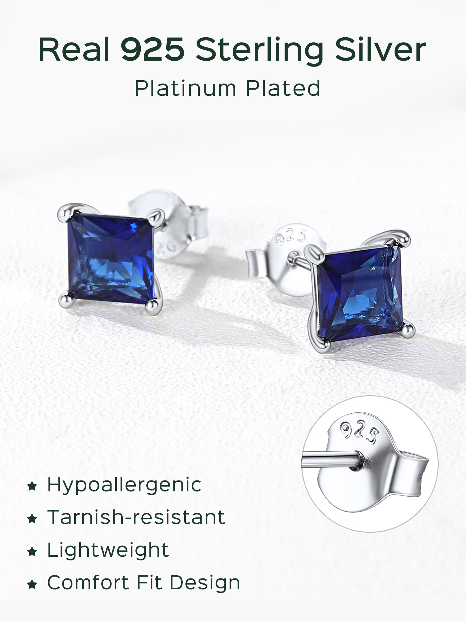 Princess Cut Birthstone Halo Stud Earrings for women, september birthstone, Sapphire Jewelry, Virgo Birthstone, Libra Birthstone, sterling silver jewlery, gift idea
