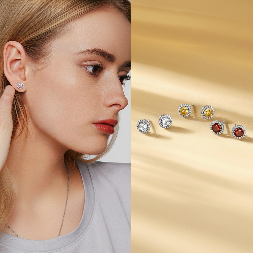 5mm Round Birthstone with Cubic Zirconia Halo Stud Earrings for Women