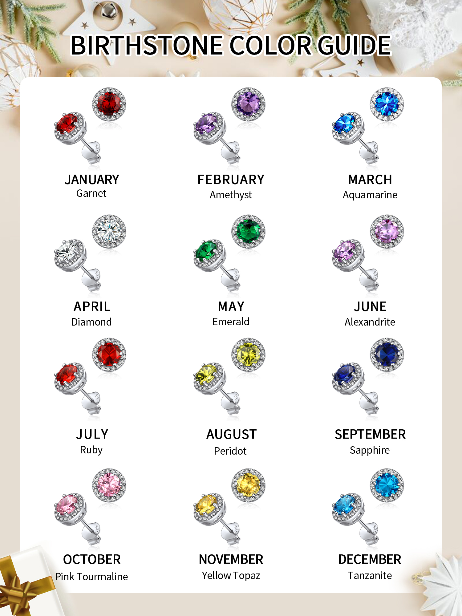 Round Birthstone with Cubic Zirconia Halo Stud Earrings for women, jan birthstone, Garnet earrings, Capricorn Birthstone, Aquarius Birthstone, sterling silver jewelry, gift idea