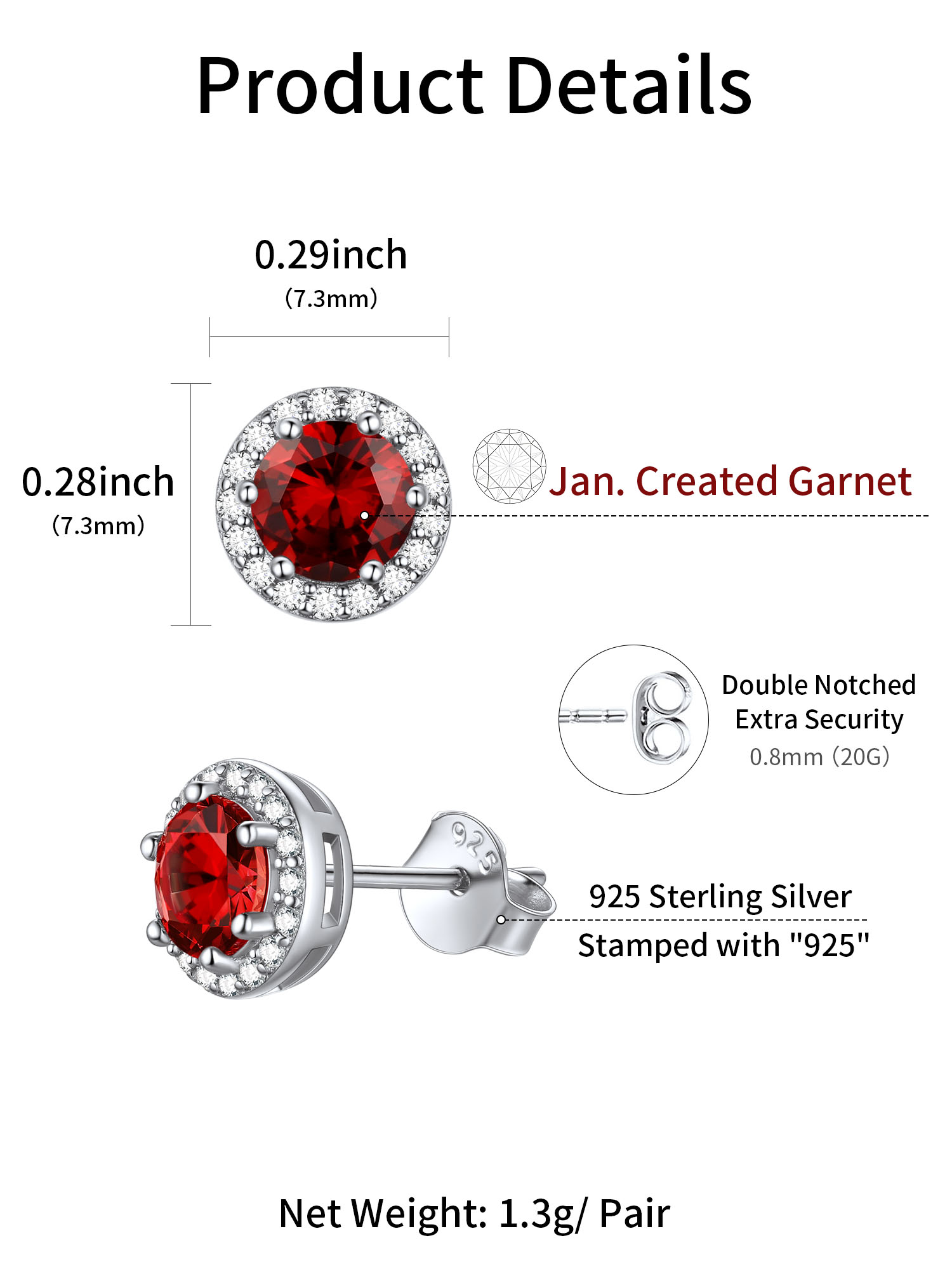Round Birthstone with Cubic Zirconia Halo Stud Earrings for women, jan birthstone, Garnet earrings, Capricorn Birthstone, Aquarius Birthstone, sterling silver jewelry, gift idea
