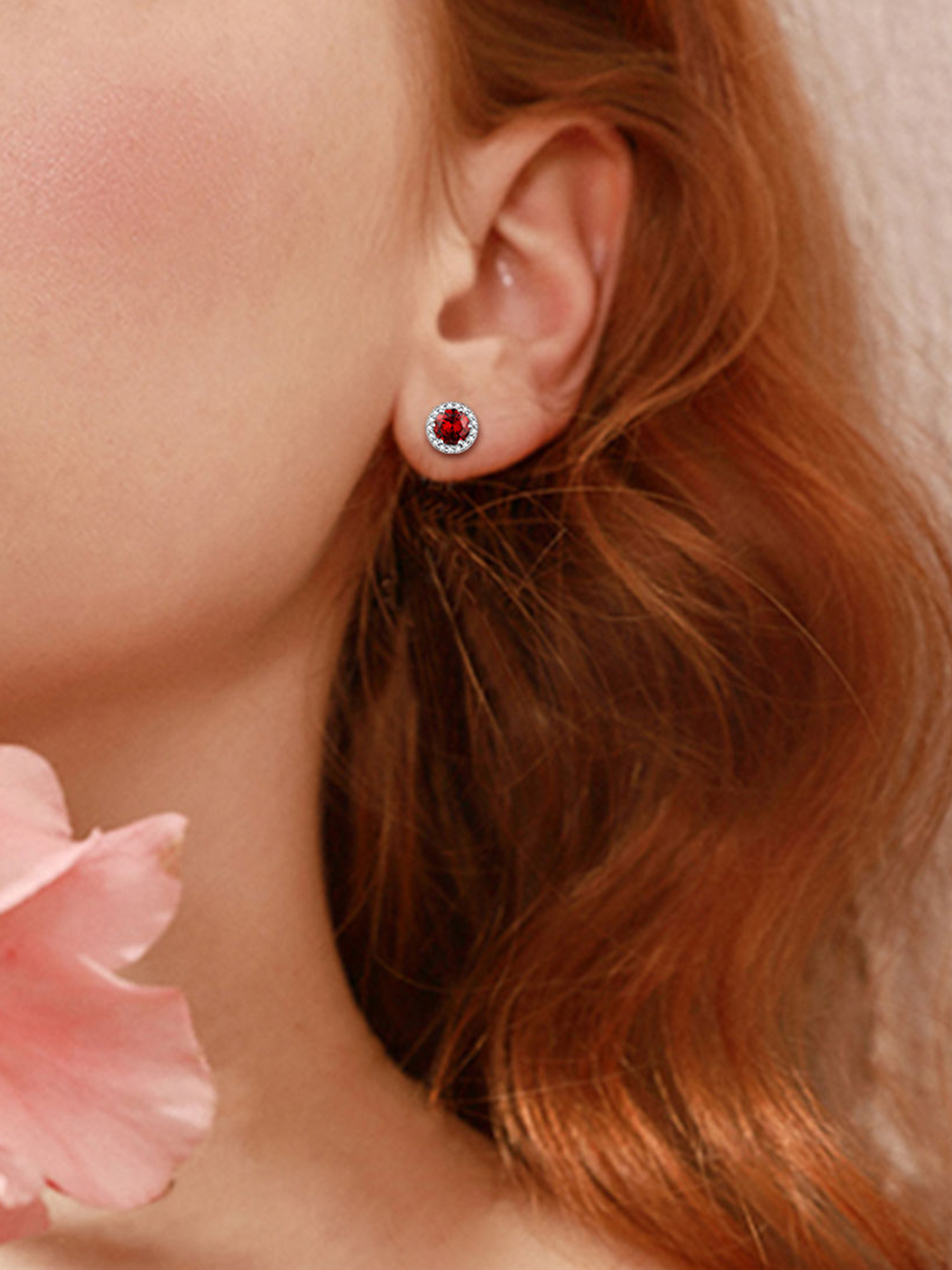 Round Birthstone with Cubic Zirconia Halo Stud Earrings for women, jan birthstone, Garnet earrings, Capricorn Birthstone, Aquarius Birthstone, sterling silver jewelry, gift idea