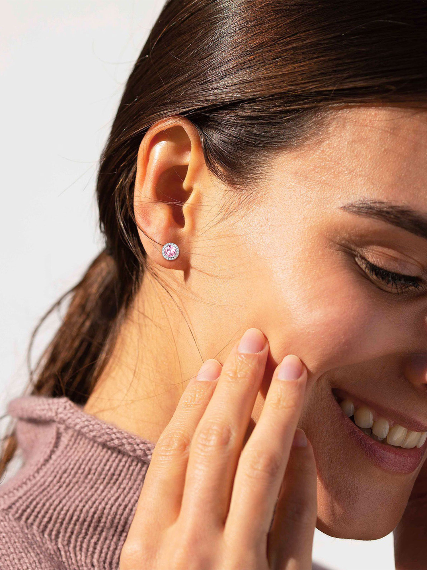 Round Birthstone with Cubic Zirconia Halo Stud Earrings for women, october birthstone, Pink Tourmaline earrings, Libra Birthstone, Scorpio Birthstone, sterling silver jewelry, gift idea