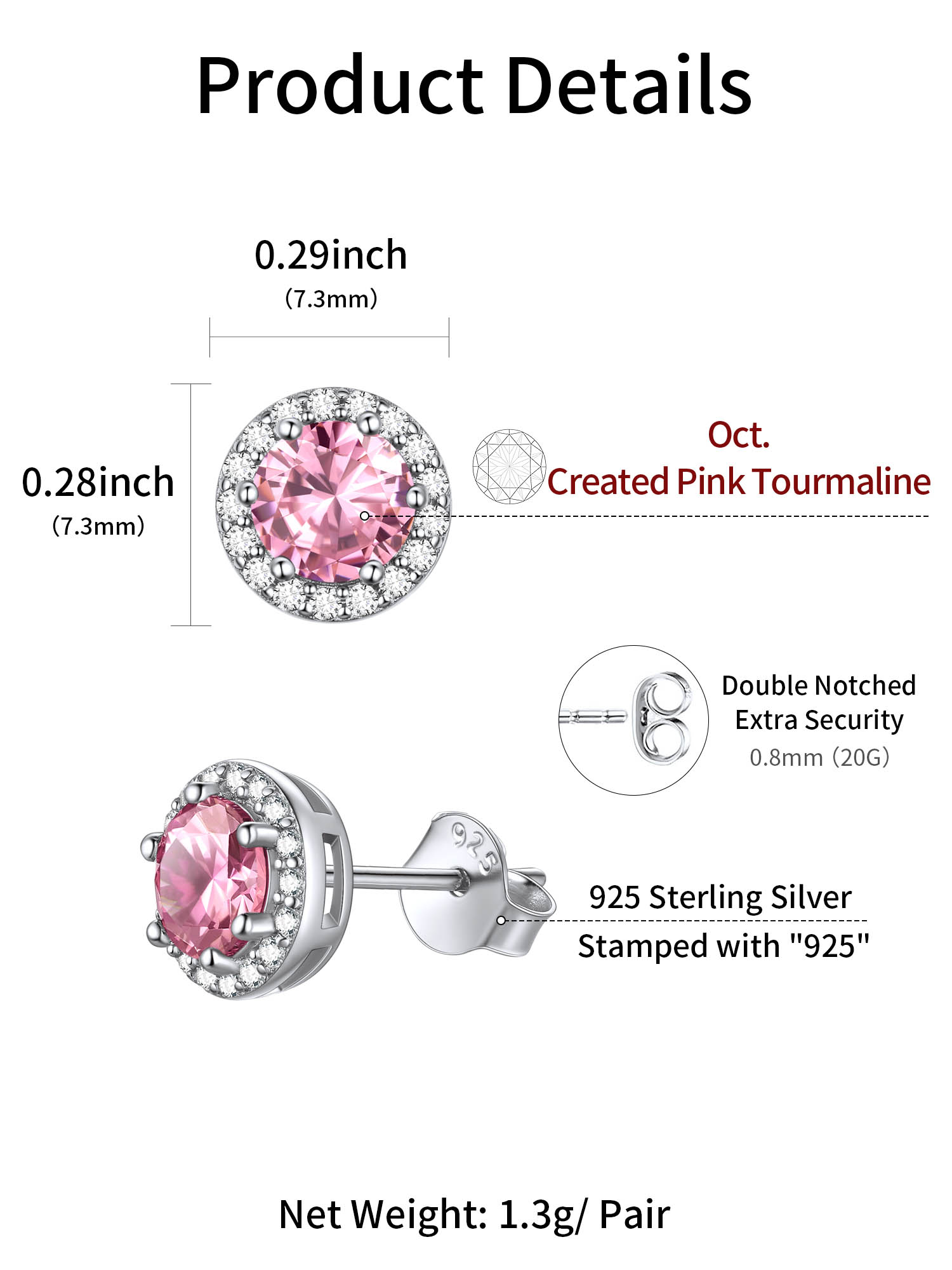 Round Birthstone with Cubic Zirconia Halo Stud Earrings for women, october birthstone, Pink Tourmaline earrings, Libra Birthstone, Scorpio Birthstone, sterling silver jewelry, gift idea