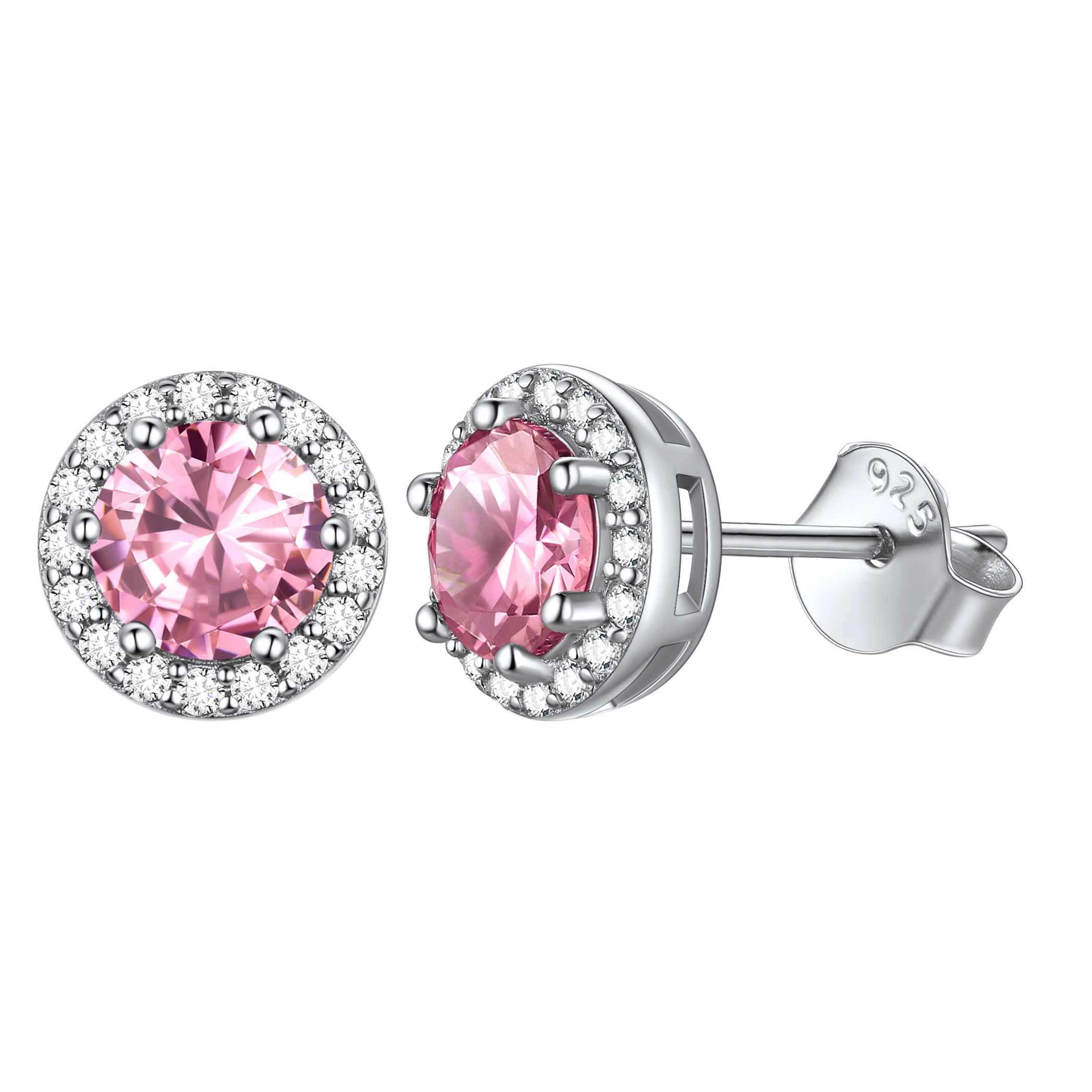 Round Birthstone with Cubic Zirconia Halo Stud Earrings for women, october birthstone, Pink Tourmaline earrings, Libra Birthstone, Scorpio Birthstone, sterling silver jewelry, gift idea