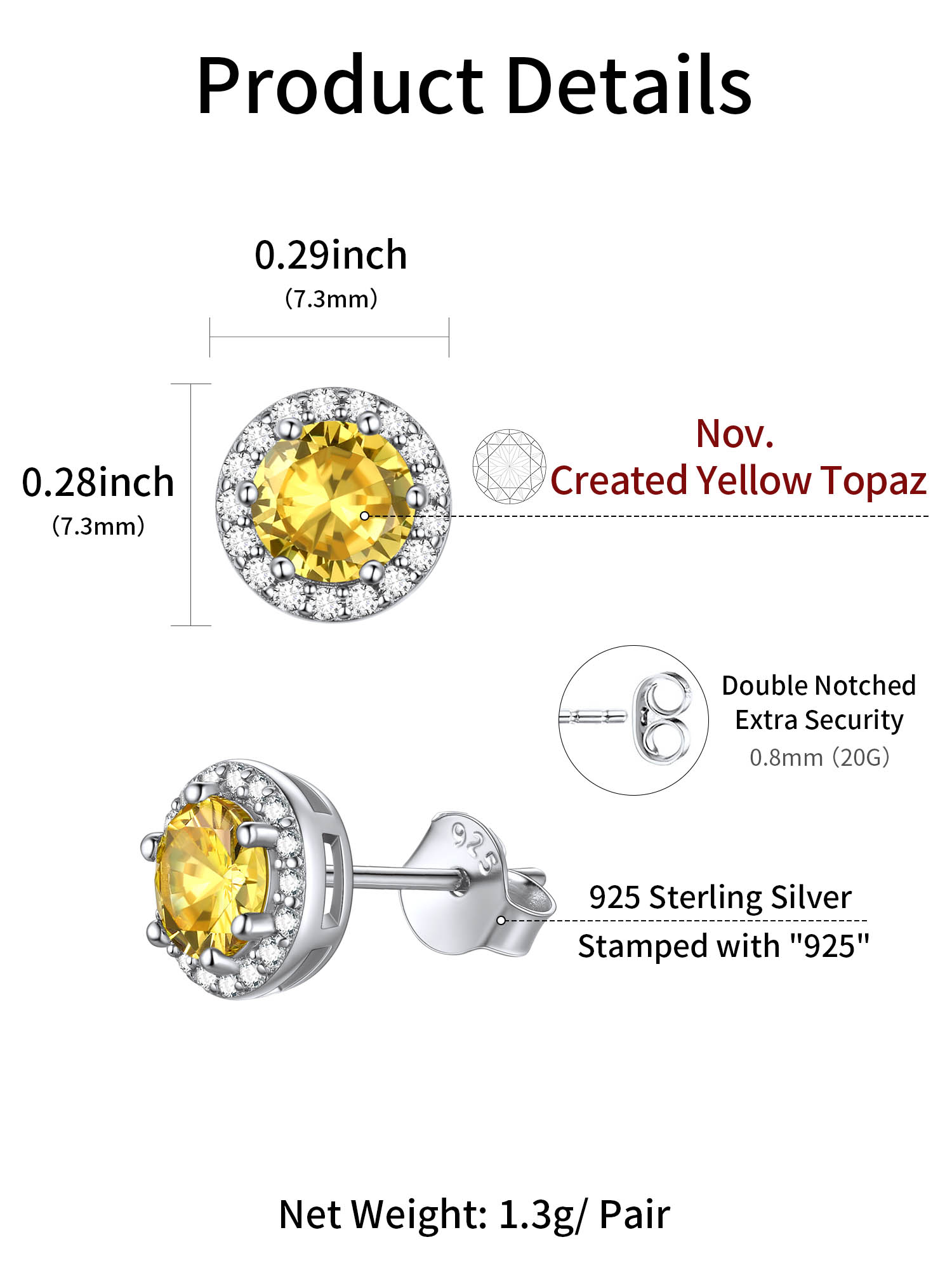 Round Birthstone with Cubic Zirconia Halo Stud Earrings for women, november birthstone, Citrine Jewelry, Scorpio Birthstone, Sagittarius Birthstone, sterling silver jewelry, gift idea