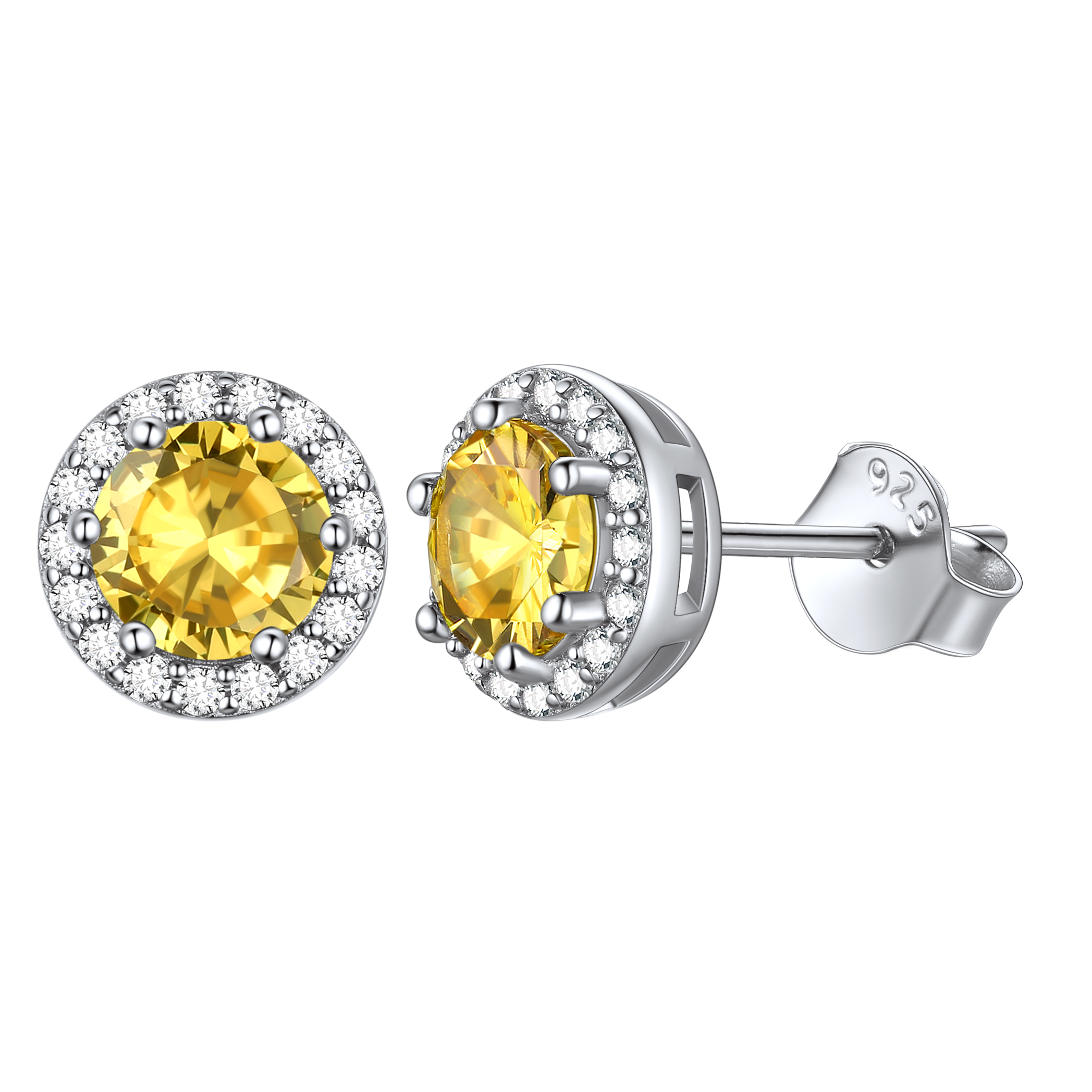 Round Birthstone with Cubic Zirconia Halo Stud Earrings for women, november birthstone, Citrine Jewelry, Scorpio Birthstone, Sagittarius Birthstone, sterling silver jewelry, gift idea