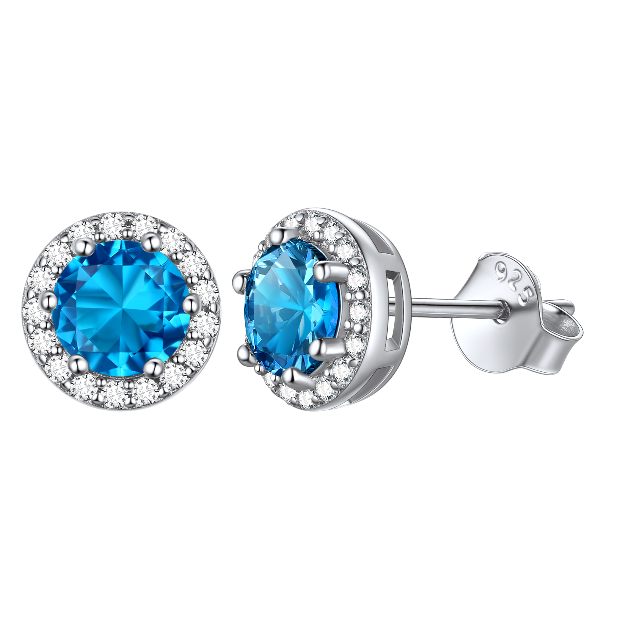 Round Birthstone with Cubic Zirconia Halo Stud Earrings for women, december birthstone, Blue Topaz Jewelry, Sagittarius Birthstone,  topaz birthstone, Capricorn Birthstone, christmas gift,  sterling silver jewelry, gift idea
