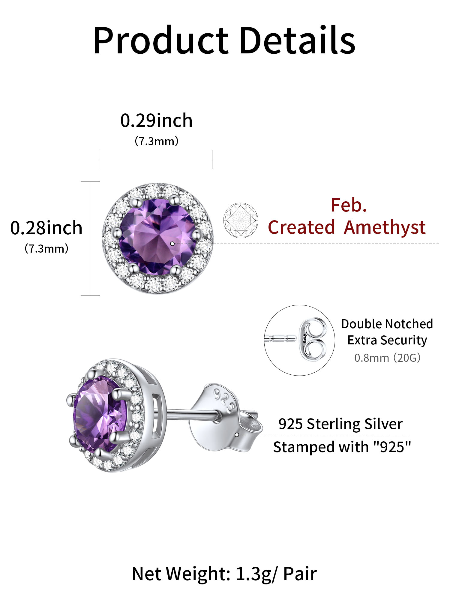 Round Birthstone with Cubic Zirconia Halo Stud Earrings for women, February birthstone, Amethyst Jewelry, Pisces Birthstone, Aquarius Birthstone, sterling silver jewelry, gift idea