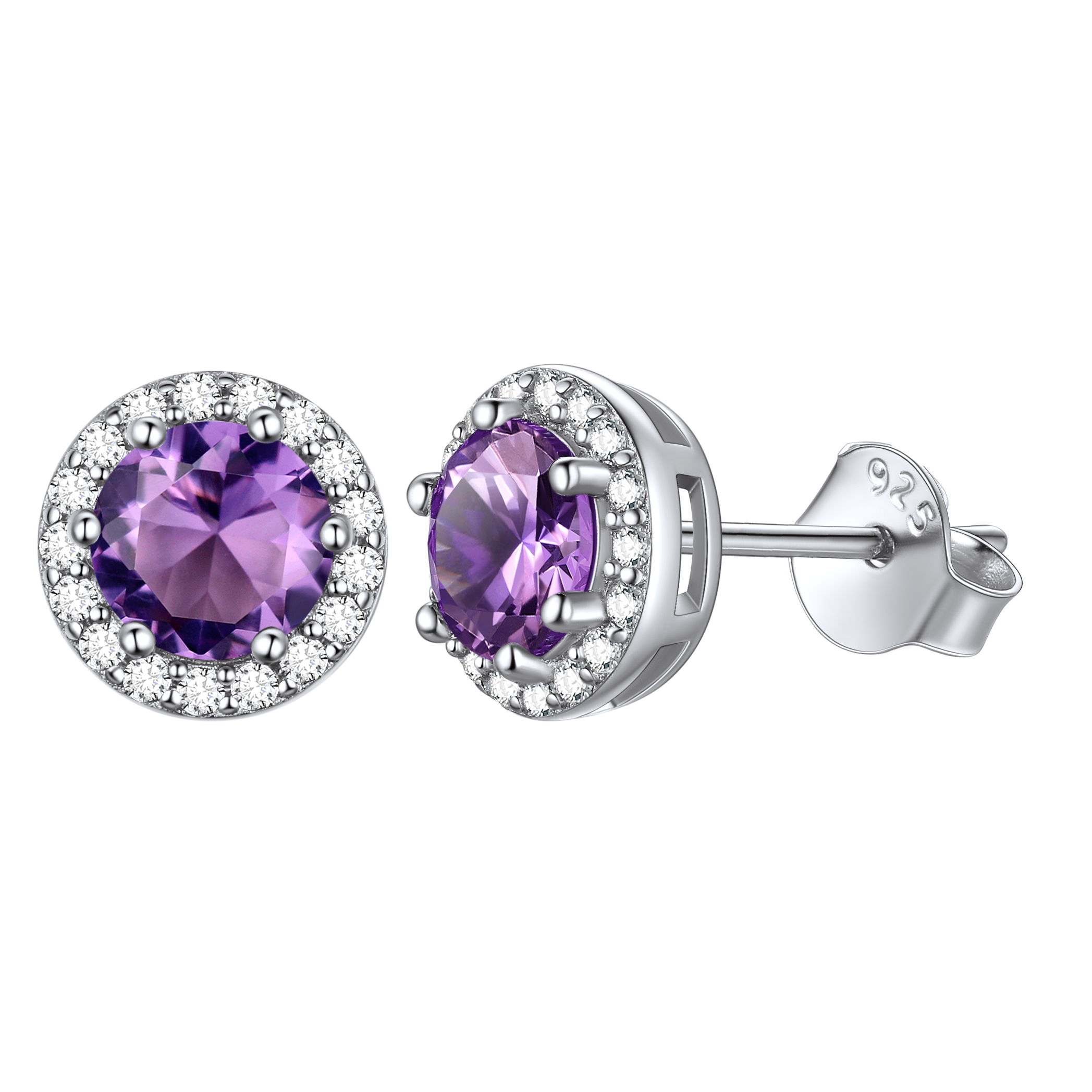 Round Birthstone with Cubic Zirconia Halo Stud Earrings for women, February birthstone, Amethyst Jewelry, Pisces Birthstone, Aquarius Birthstone, sterling silver jewelry, gift idea