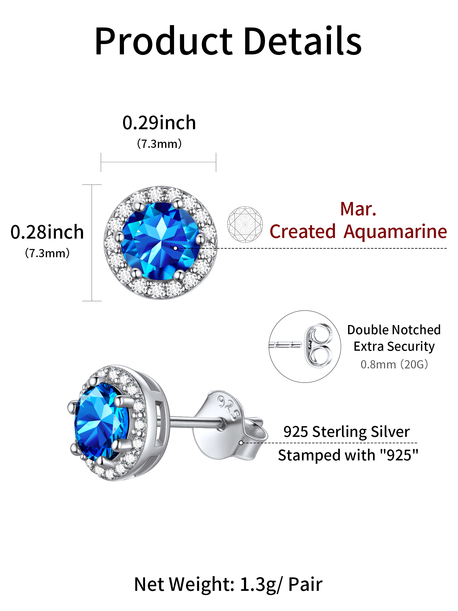 Round Birthstone with Cubic Zirconia Halo Stud Earrings for women, march birthstone, Aquamarine Pendant, Pisces Birthstone, Aries Birthstone, sterling silver jewelry, gift idea
