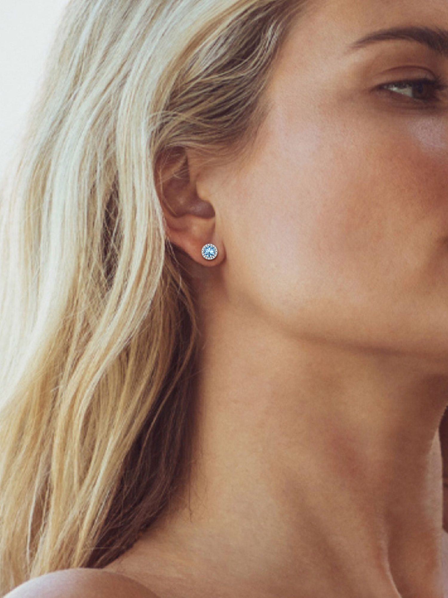 Round Birthstone with Cubic Zirconia Halo Stud Earrings for women, march birthstone, Aquamarine Pendant, Pisces Birthstone, Aries Birthstone, sterling silver jewelry, gift idea