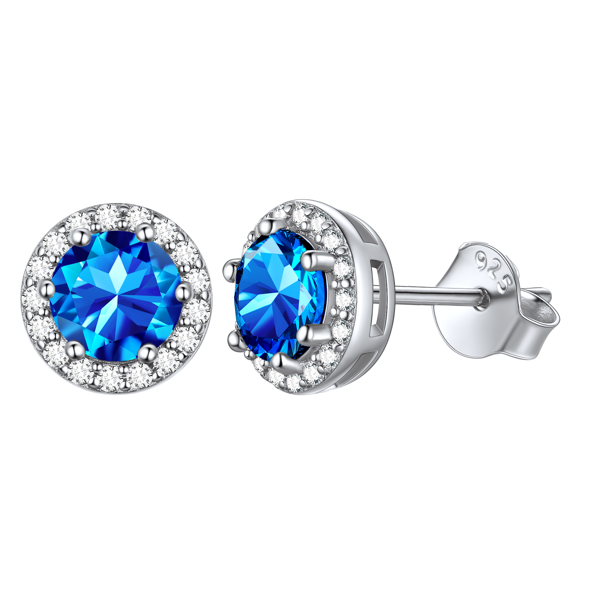 Round Birthstone with Cubic Zirconia Halo Stud Earrings for women, march birthstone, Aquamarine Pendant, Pisces Birthstone, Aries Birthstone, sterling silver jewelry, gift idea