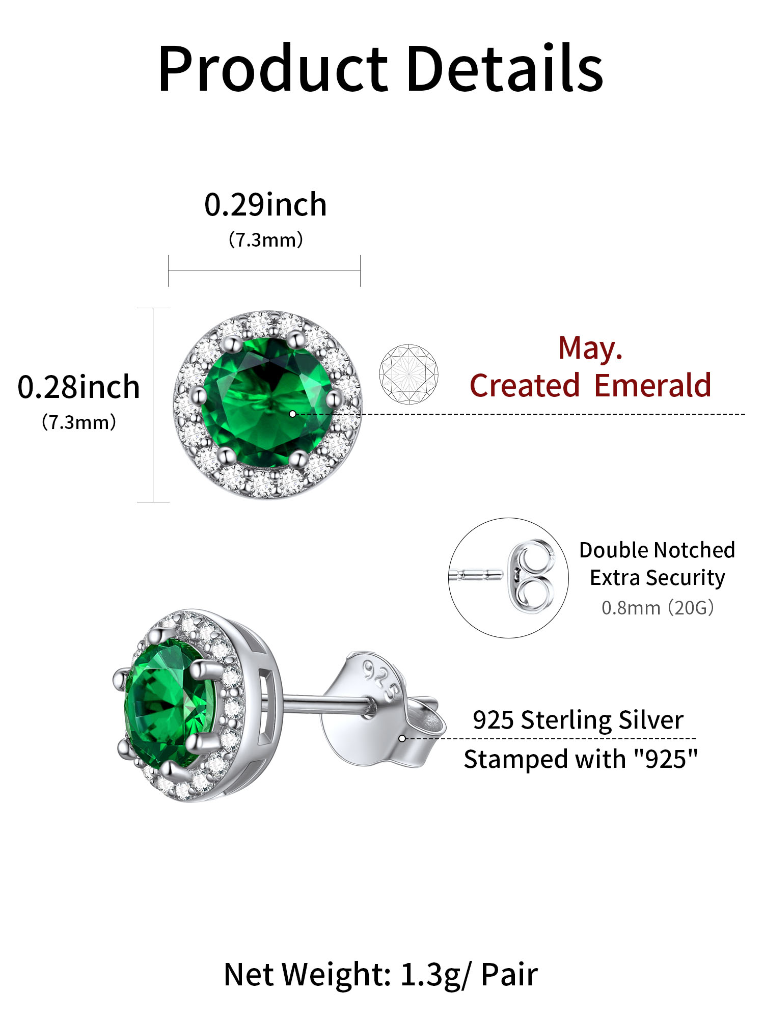 Round Birthstone with Cubic Zirconia Halo Stud Earrings for women, may birthstone, Emerald earrings, Taurus Birthstone, Gemini Birthstone, sterling silver jewelry, gift idea