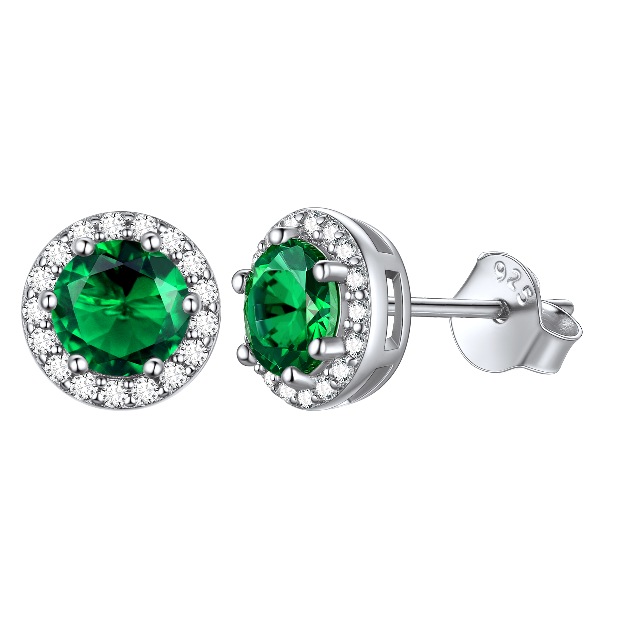 Round Birthstone with Cubic Zirconia Halo Stud Earrings for women, may birthstone, Emerald earrings, Taurus Birthstone, Gemini Birthstone, sterling silver jewelry, gift idea