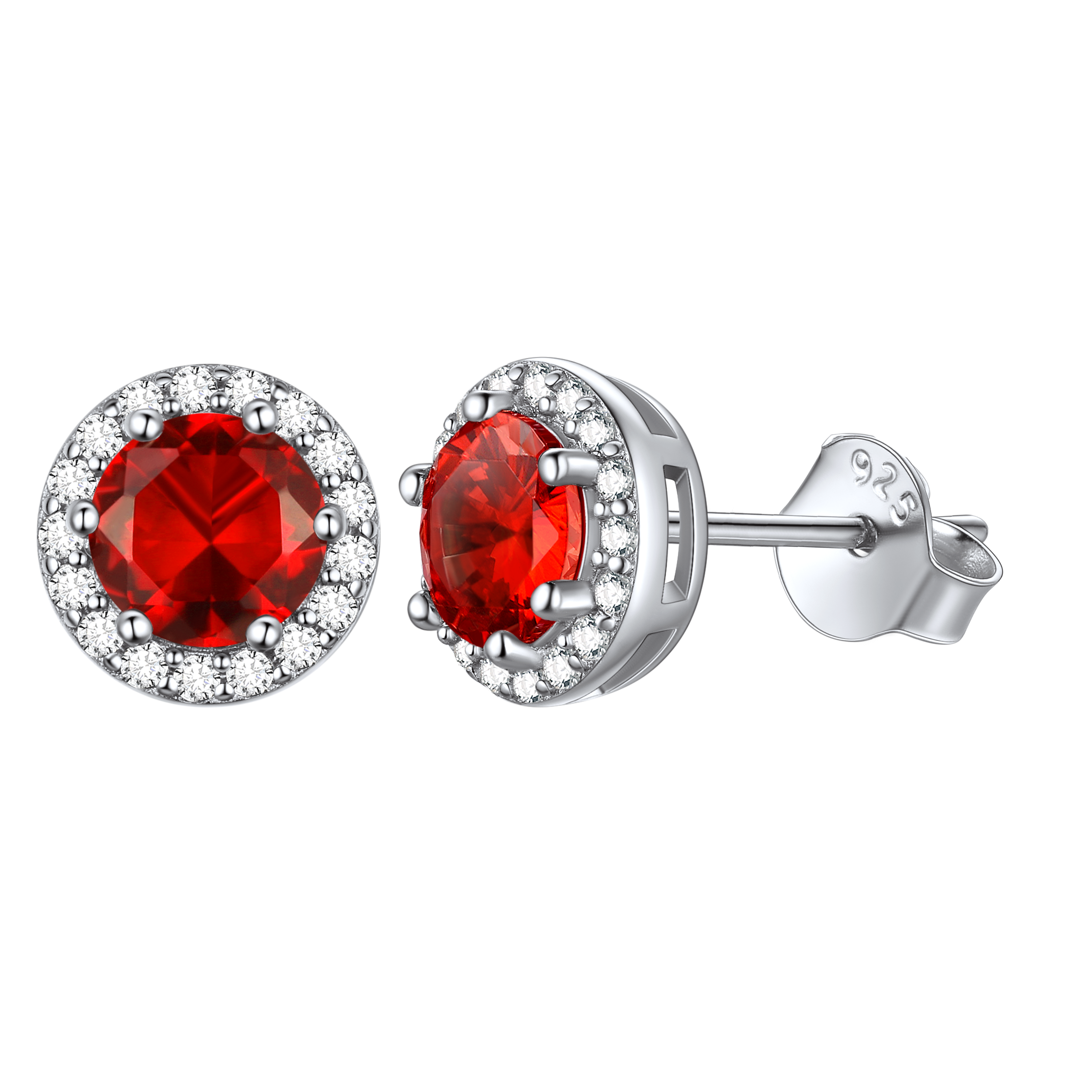Round Birthstone with Cubic Zirconia Halo Stud Earrings for women,  july birthstone, Ruby Pendant, Cancer Birthstone, Leo Birthstone, sterling silver jewelry, gift idea