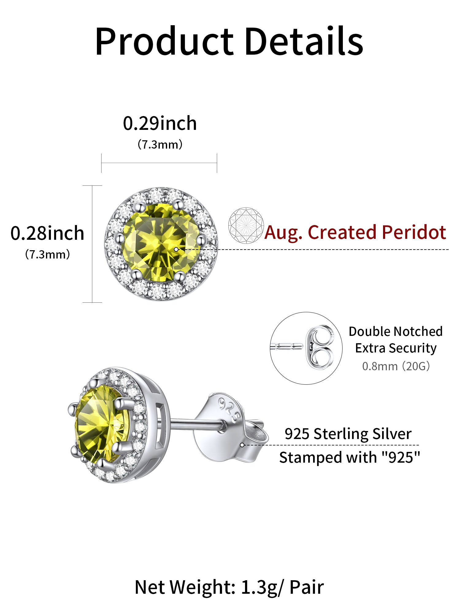 Round Birthstone with Cubic Zirconia Halo Stud Earrings for women, august birthstone, Peridot earrings, Leo Birthstone, Virgo Birthstone, sterling silver jewelry, gift idea