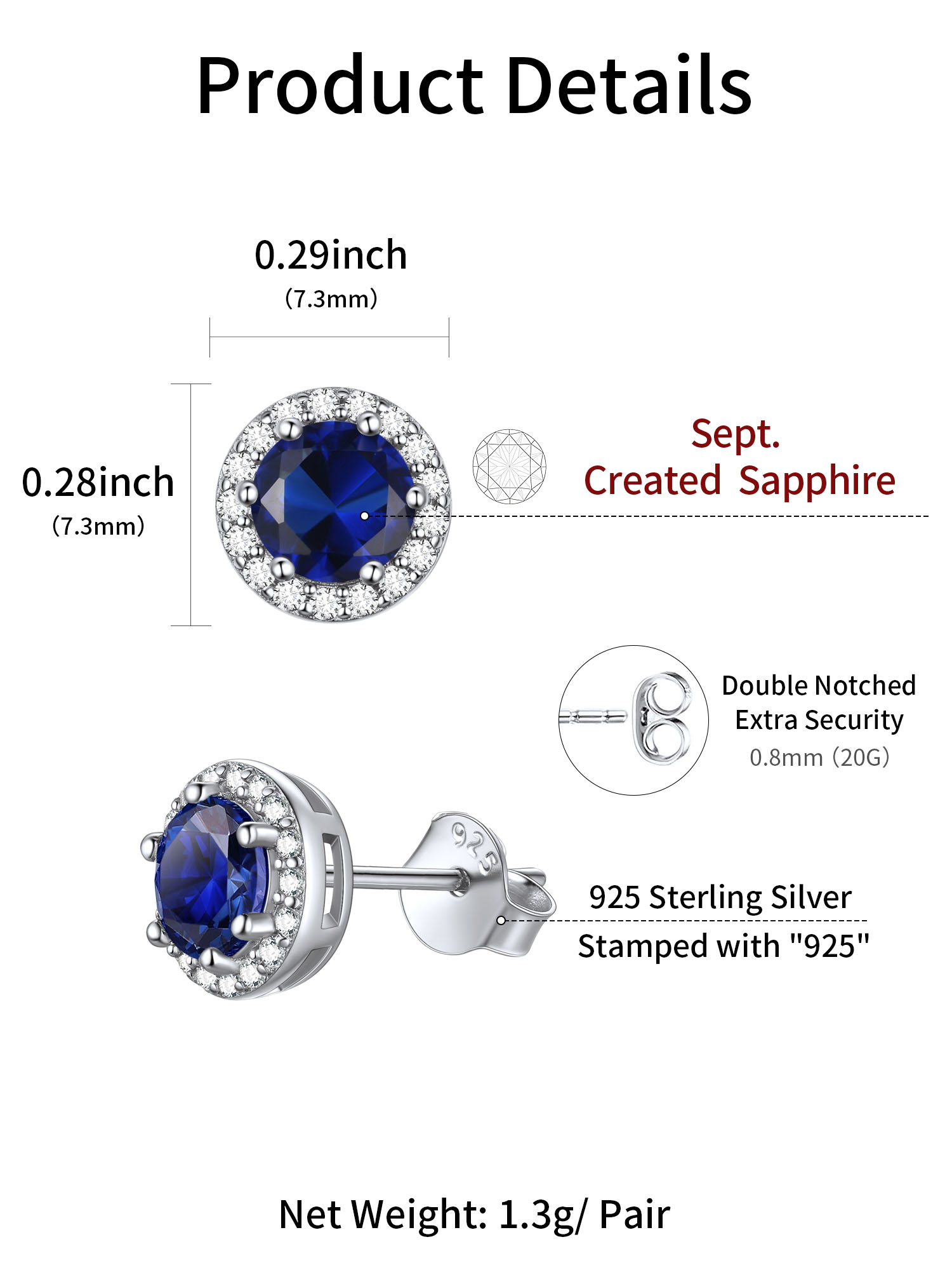 Round Birthstone with Cubic Zirconia Halo Stud Earrings for women, september birthstone, Sapphire Jewelry, Virgo Birthstone, Libra Birthstone, sterling silver jewelry, gift idea