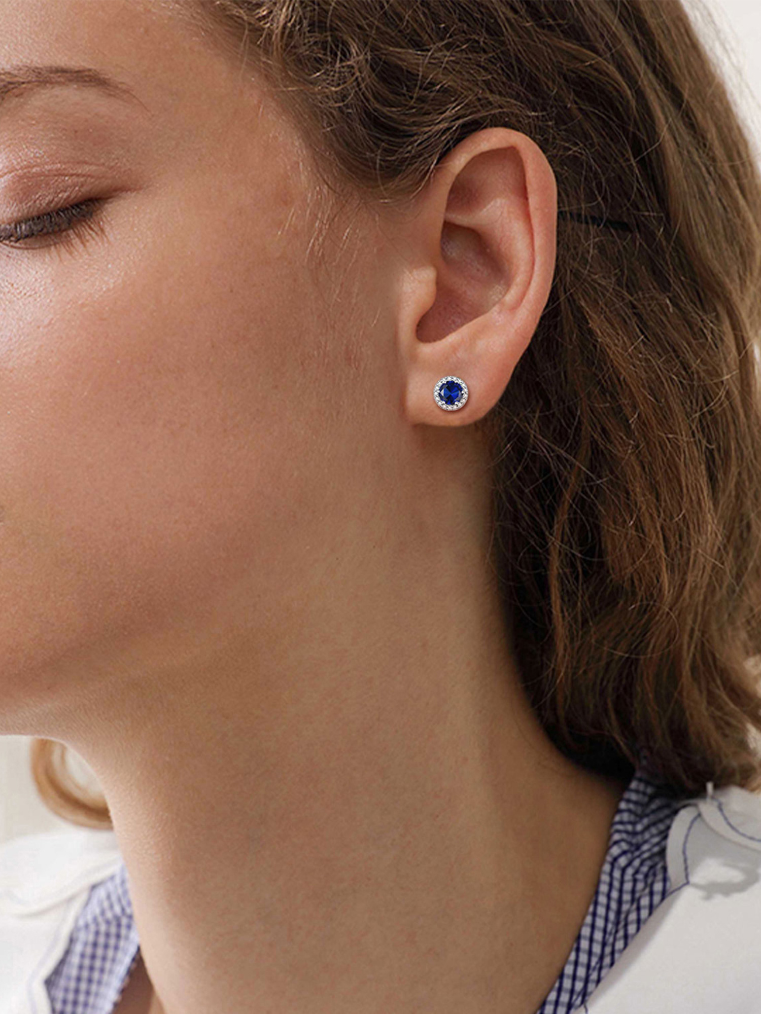 Round Birthstone with Cubic Zirconia Halo Stud Earrings for women, september birthstone, Sapphire Jewelry, Virgo Birthstone, Libra Birthstone, sterling silver jewelry, gift idea