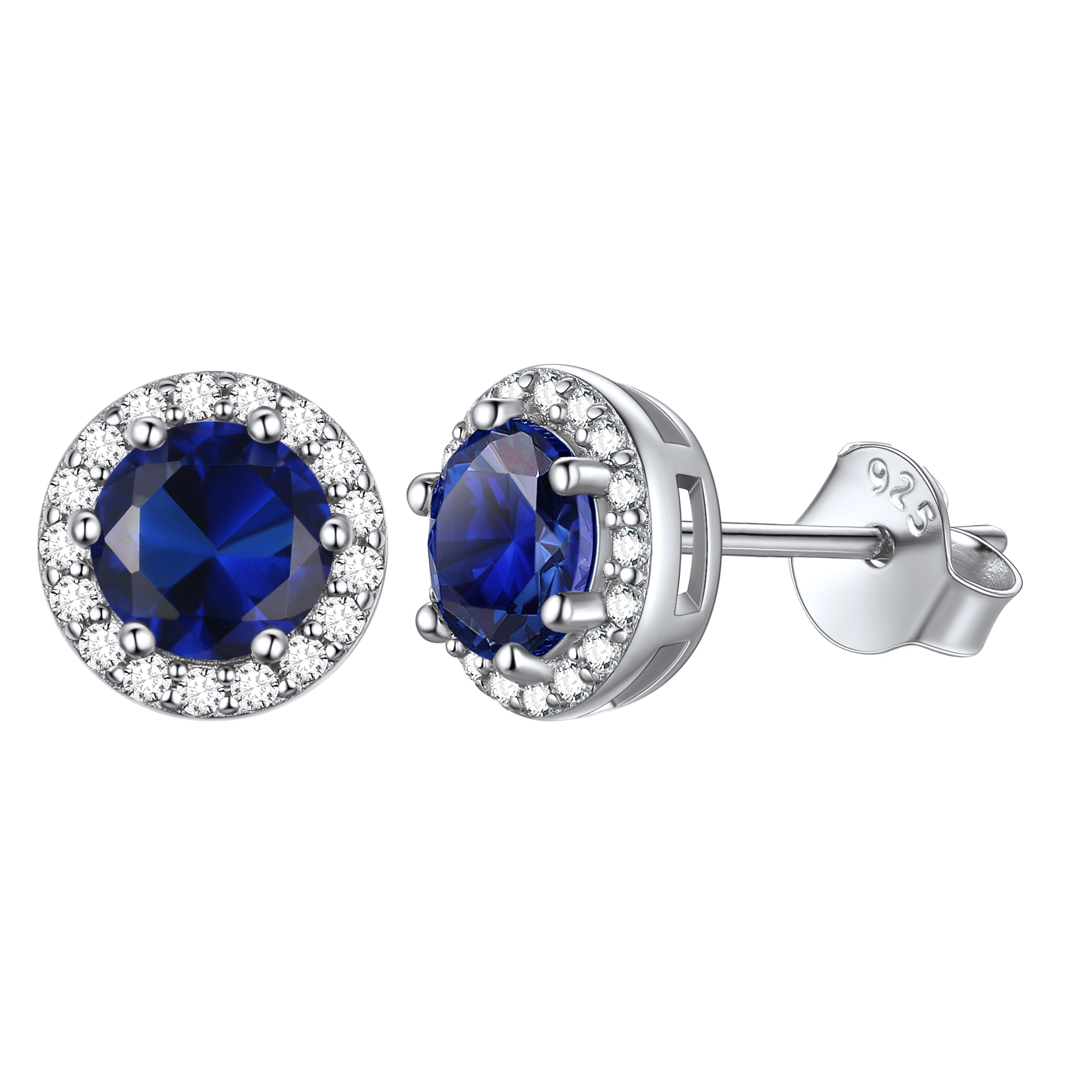 Round Birthstone with Cubic Zirconia Halo Stud Earrings for women, september birthstone, Sapphire Jewelry, Virgo Birthstone, Libra Birthstone, sterling silver jewelry, gift idea