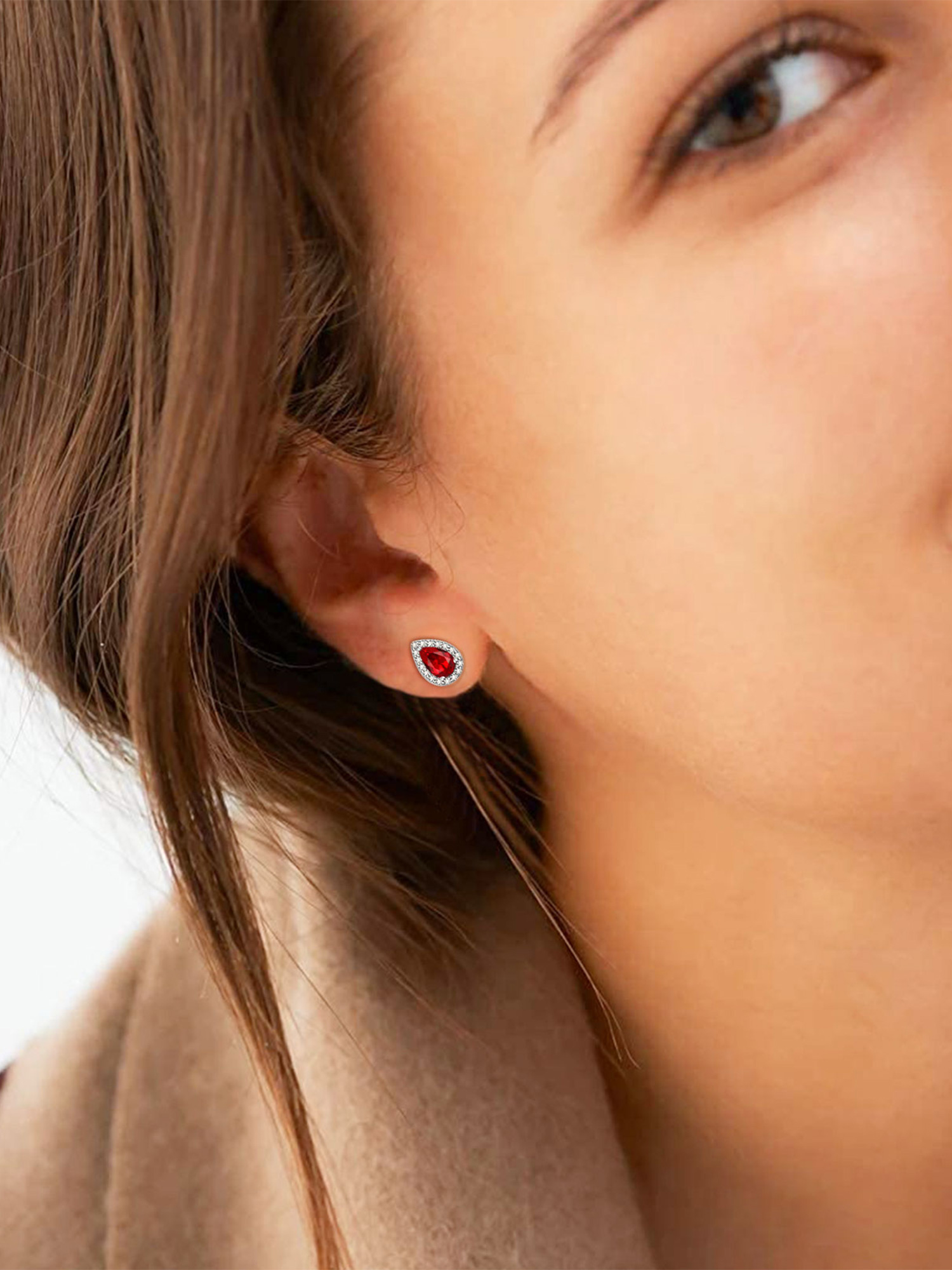 Teardrop Birthstone Halo Stud Earrings for Women, jan birthstone, Garnet Earrings, Capricorn Birthstone, Aquarius Birthstone, sterling silver jewelry, gift idea