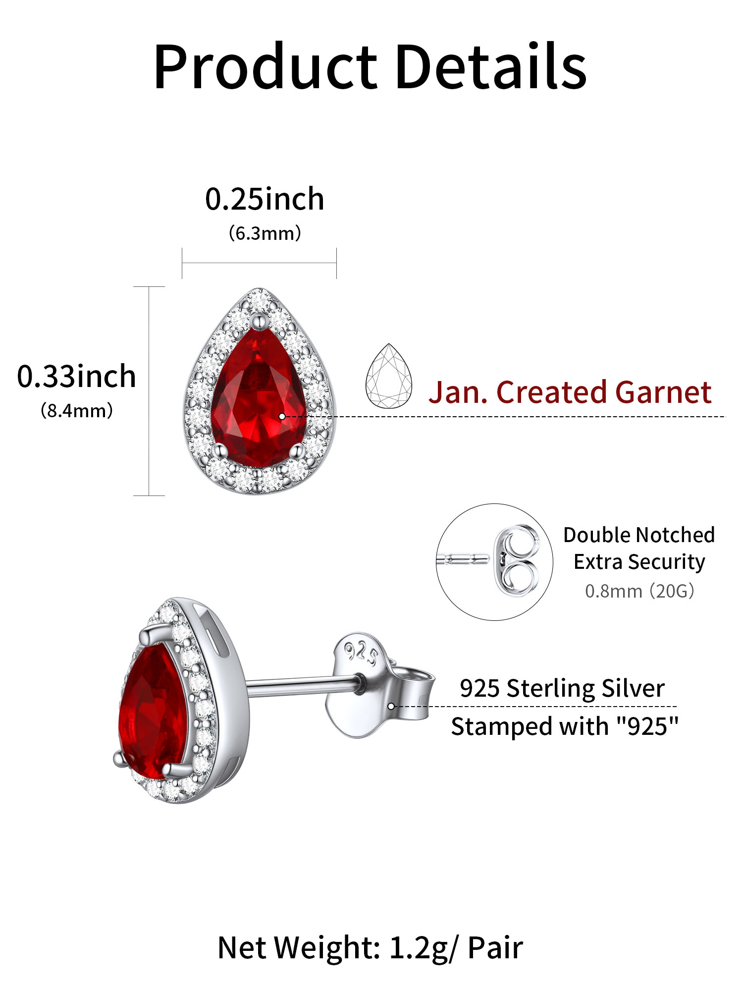 Teardrop Birthstone Halo Stud Earrings for Women, jan birthstone, Garnet Earrings, Capricorn Birthstone, Aquarius Birthstone, sterling silver jewelry, gift idea
