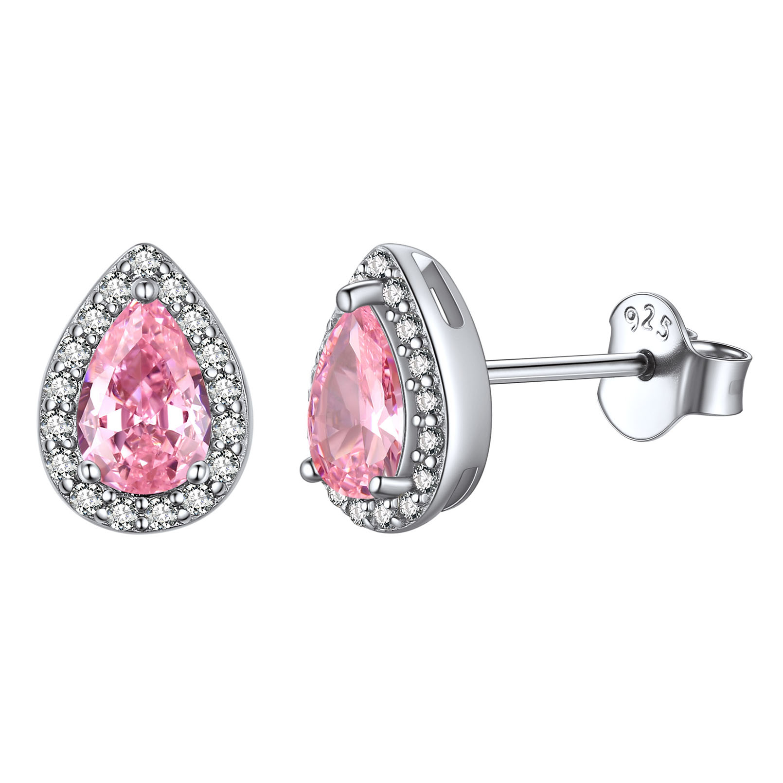 Teardrop Birthstone Halo Stud Earrings for Women, october birthstone, Pink Tourmaline Earrings, Libra Birthstone, Scorpio Birthstone, sterling silver Earrings, gift idea