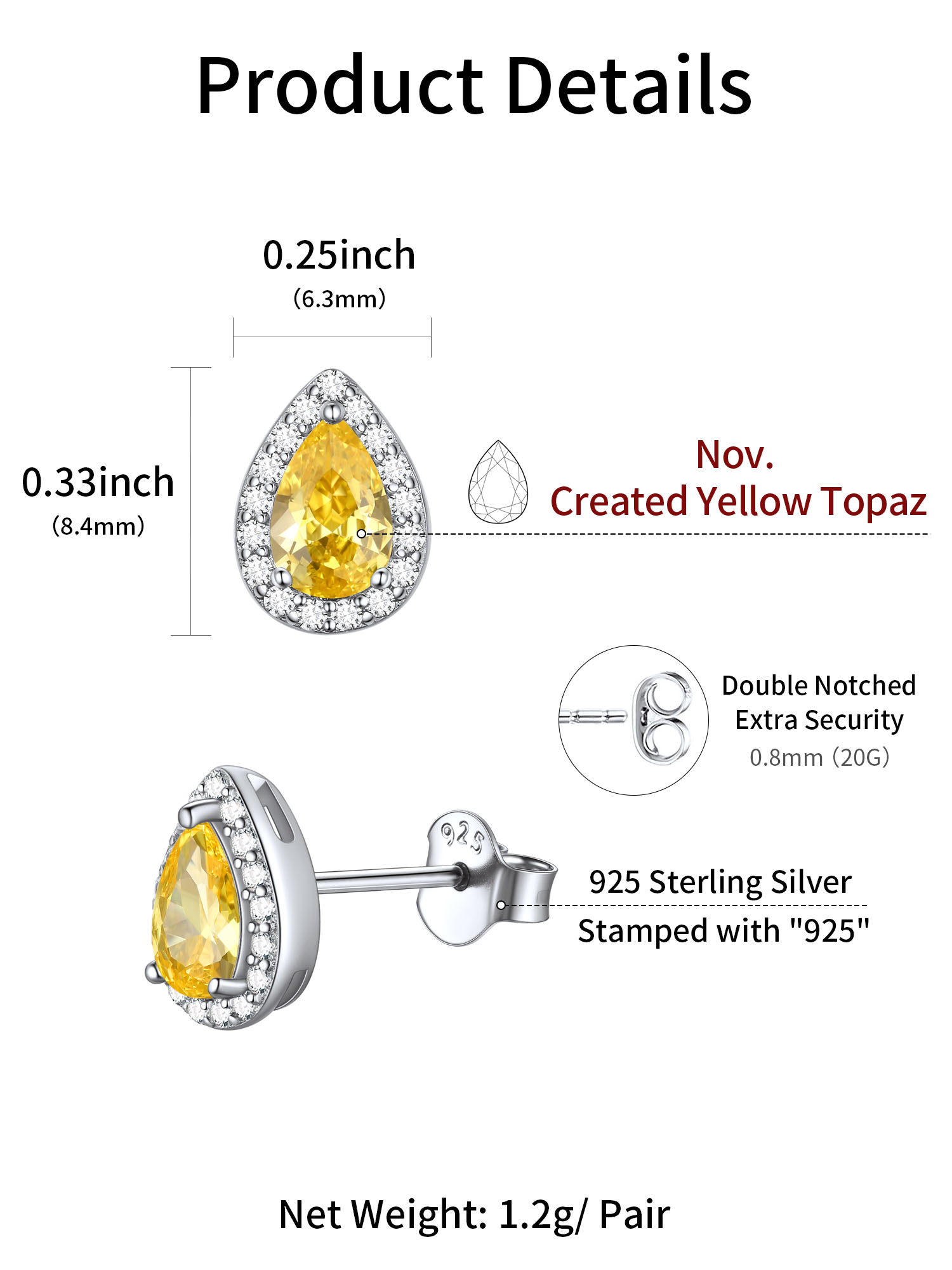 Teardrop Birthstone Halo Stud Earrings for Women,  november birthstone, Citrine Jewelry, Scorpio Birthstone, Sagittarius Birthstone, sterling silver jewlery, memorial gift, gift idea