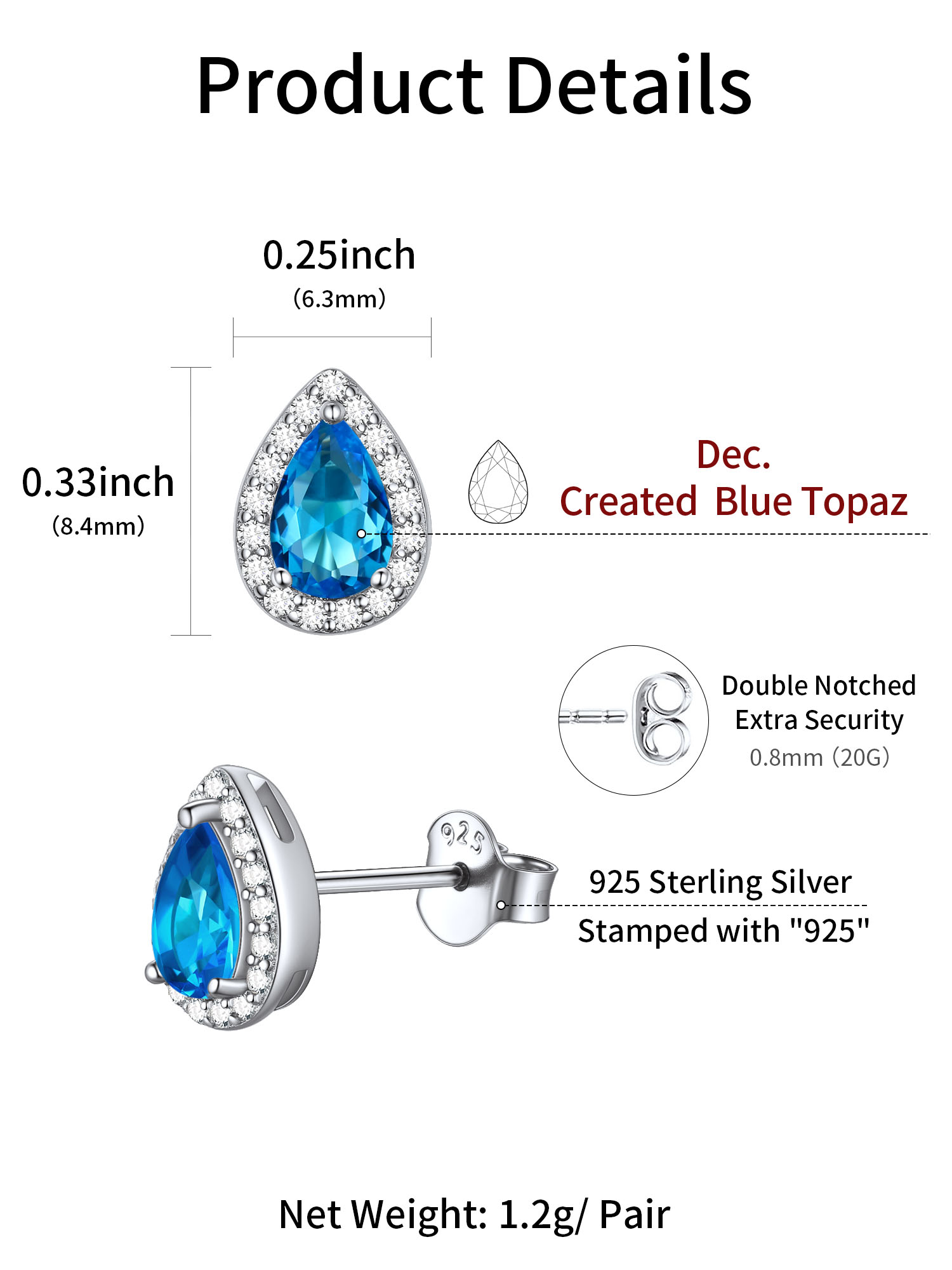 Teardrop Birthstone Halo Stud Earrings for Women, december birthstone, Blue Topaz Jewelry, Sagittarius Birthstone,  topaz birthstone, Capricorn Birthstone, christmas gift, gift idea