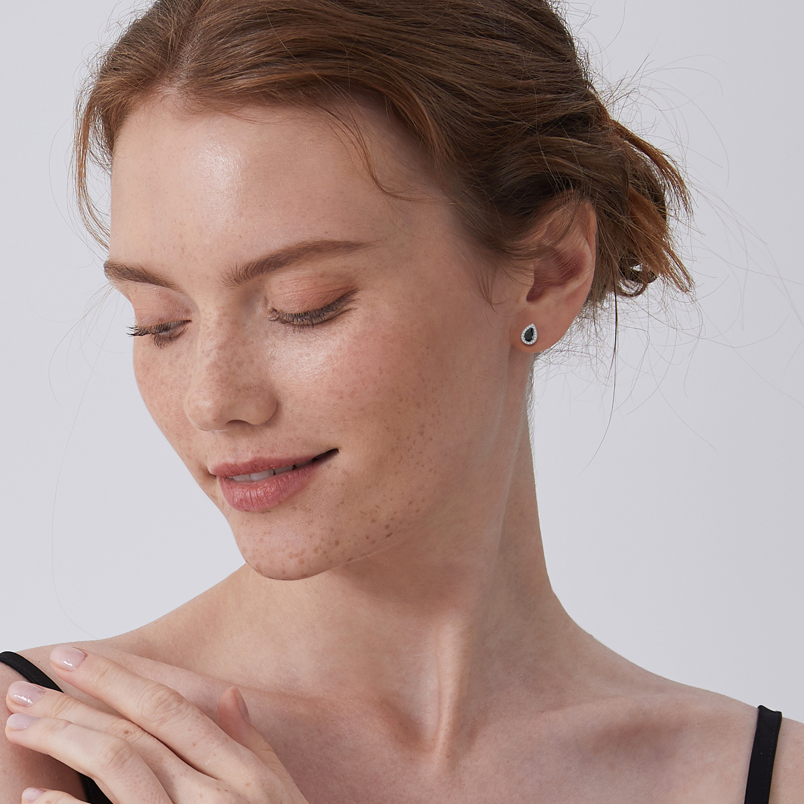 Black Teardrop Stone Halo Stud Earrings for Women