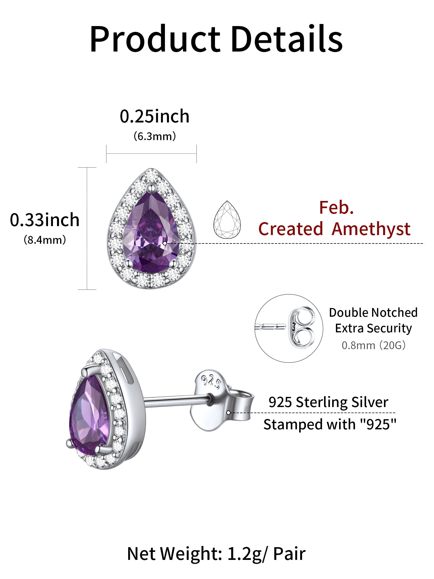 Teardrop Birthstone Halo Stud Earrings for Women, February birthstone, Amethyst Jewelry, Pisces Birthstone, Aquarius Birthstone, sterling silver earrings, gift idea