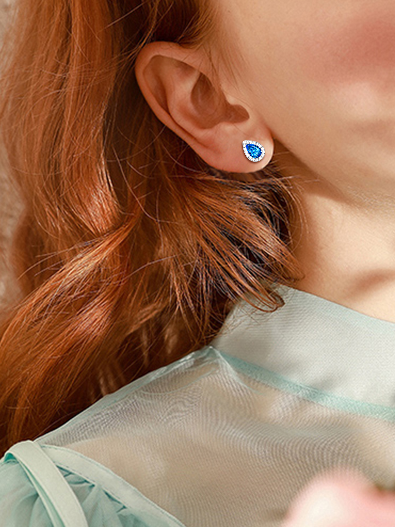 Teardrop Birthstone Halo Stud Earrings for Women, march birthstone, Aquamarine Pendant, Pisces Birthstone, Aries Birthstone, sterling silver jewelry, gift idea
