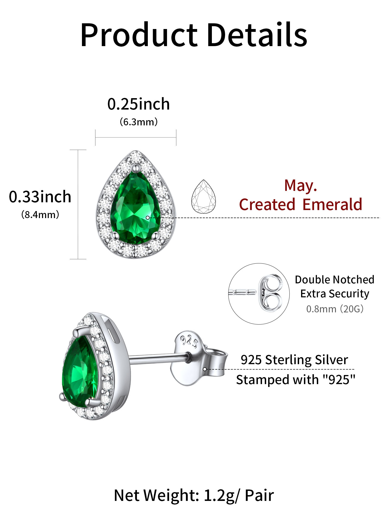 Teardrop Birthstone Halo Stud Earrings for Women, may birthstone, Emerald Earrings, Taurus Birthstone, Gemini Birthstone, sterling silver earrings, gift idea